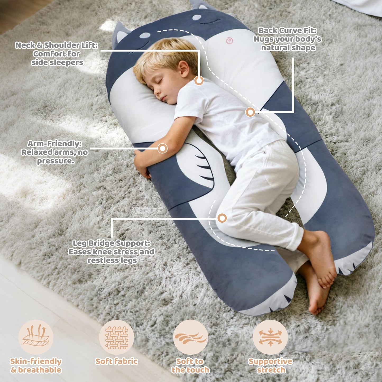 IFOYO Dog U-Shaped Kids Body Pillow 43-Inch – Minky Full Body Support for Sleep, Reading, ADHD & Sensory Relief