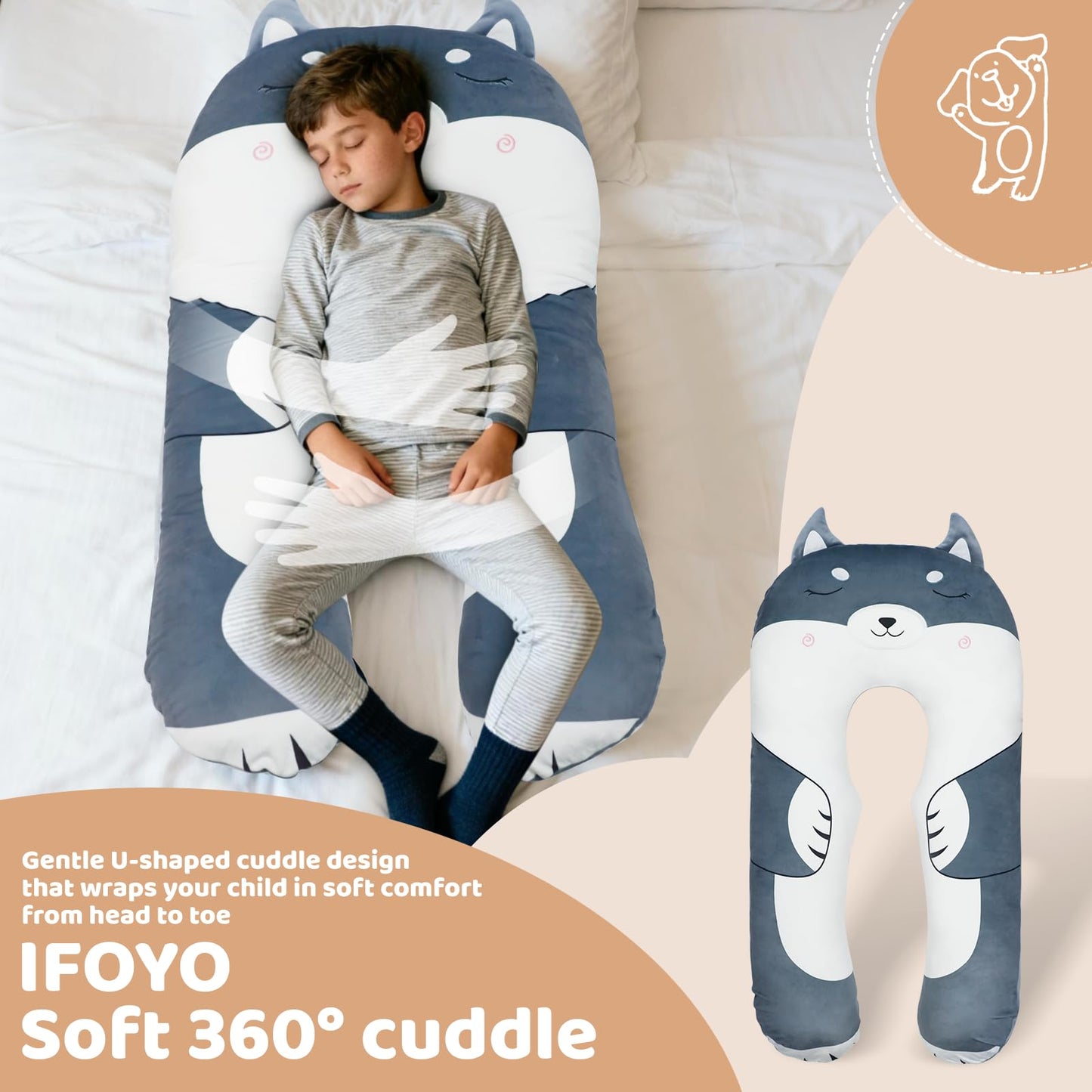 IFOYO Dog U-Shaped Kids Body Pillow 43-Inch – Minky Full Body Support for Sleep, Reading, ADHD & Sensory Relief