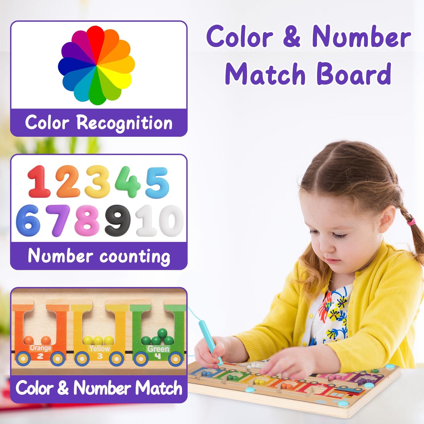 iFunLong Magnetic Color and Number Maze – Montessori Wooden Puzzle for 3–6 Year Olds