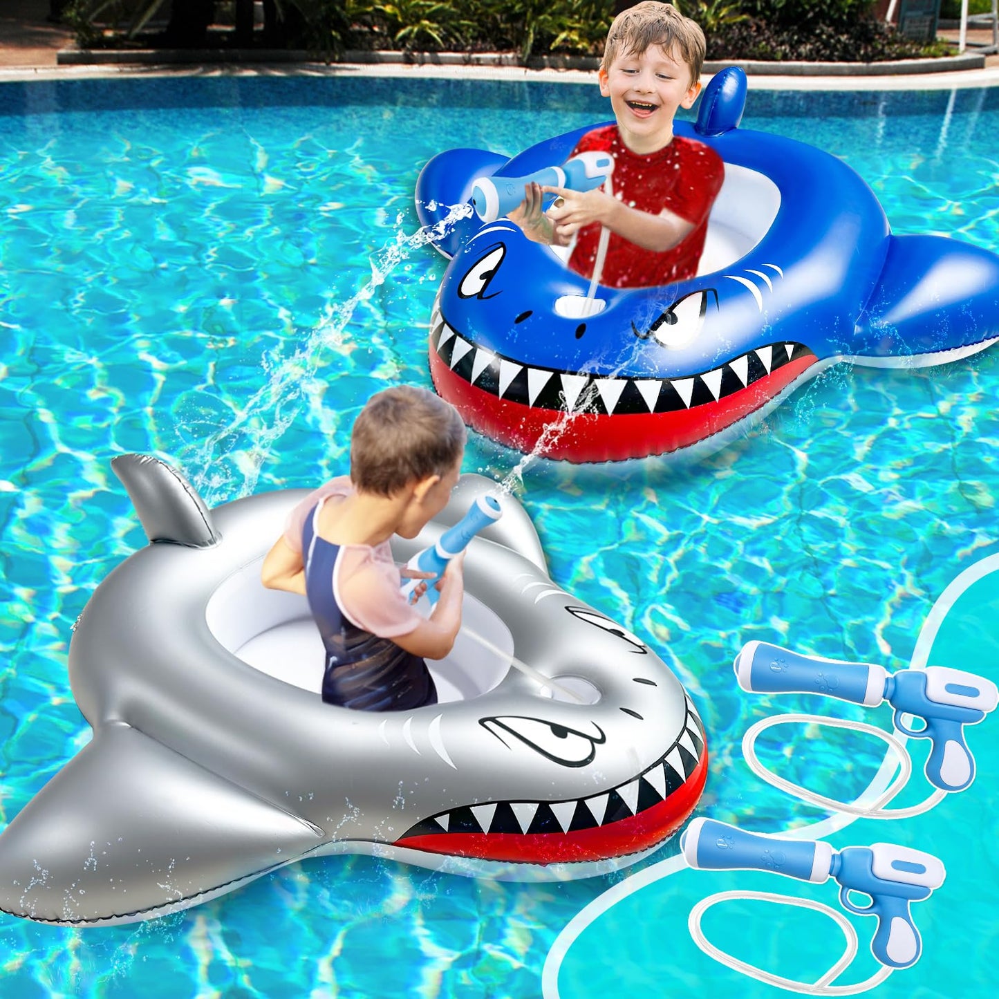 iGeeKid 2 Pack Inflatable Shark Pool Floats with Water Guns – Kids 3-11