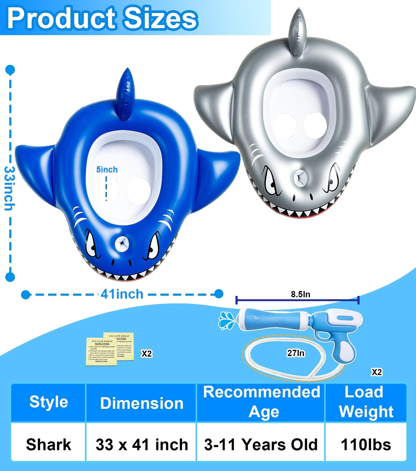 iGeeKid 2 Pack Inflatable Shark Pool Floats with Water Guns – Kids 3-11