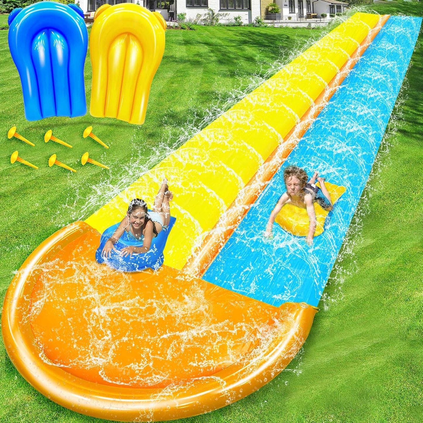 iGeeKid 30 Ft Extra Long Slip Water Slide with Sprinkler – Double Lane Backyard Water Toy