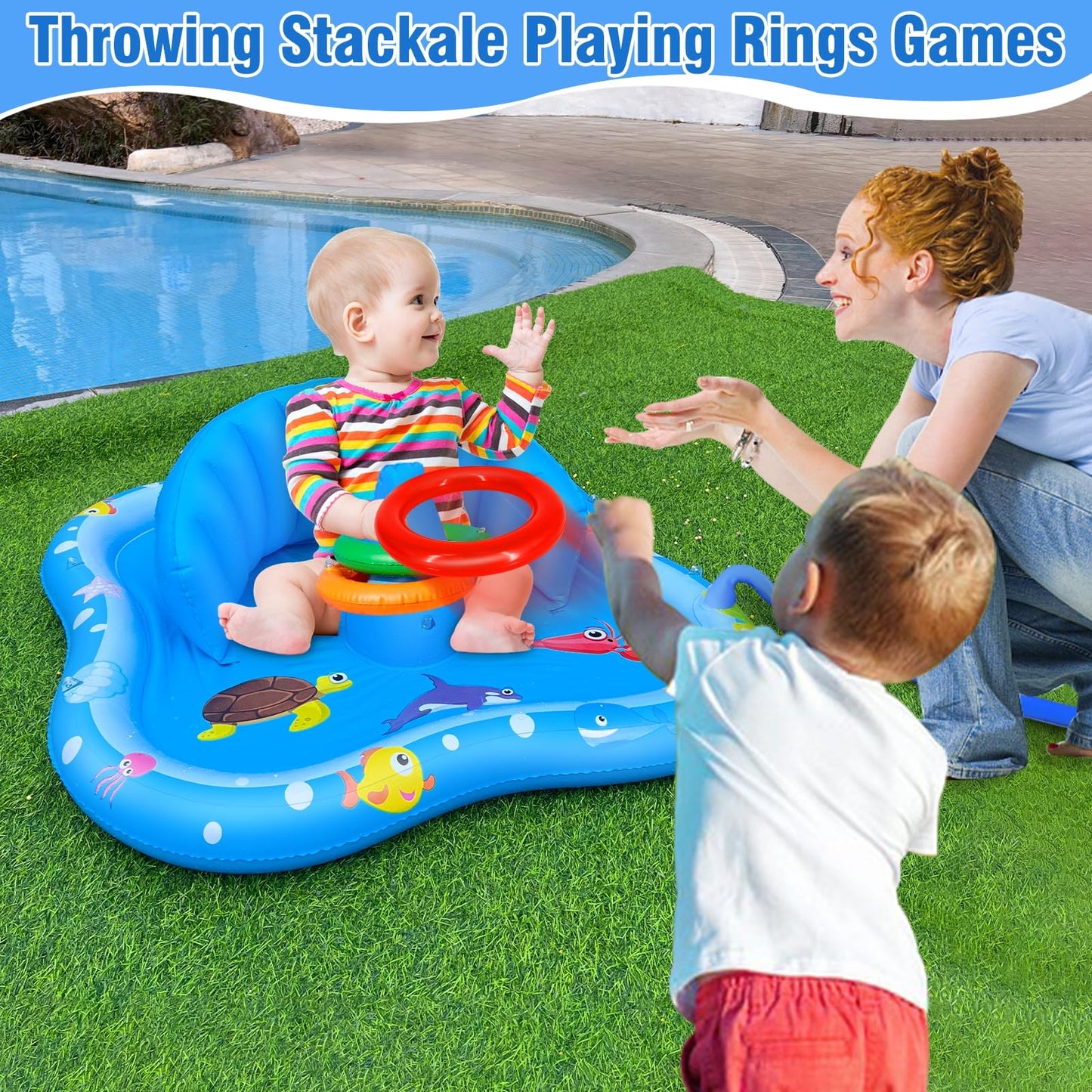 iGeeKid Baby Play Mat with Sprinkler & Canopy – Inflatable Pool Float with Backrest