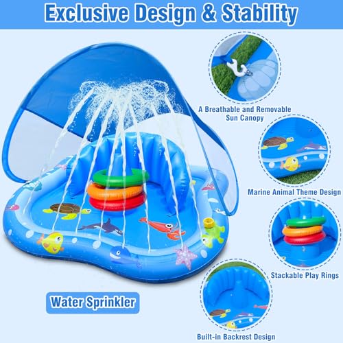 iGeeKid Baby Play Mat with Sprinkler & Canopy – Inflatable Pool Float with Backrest