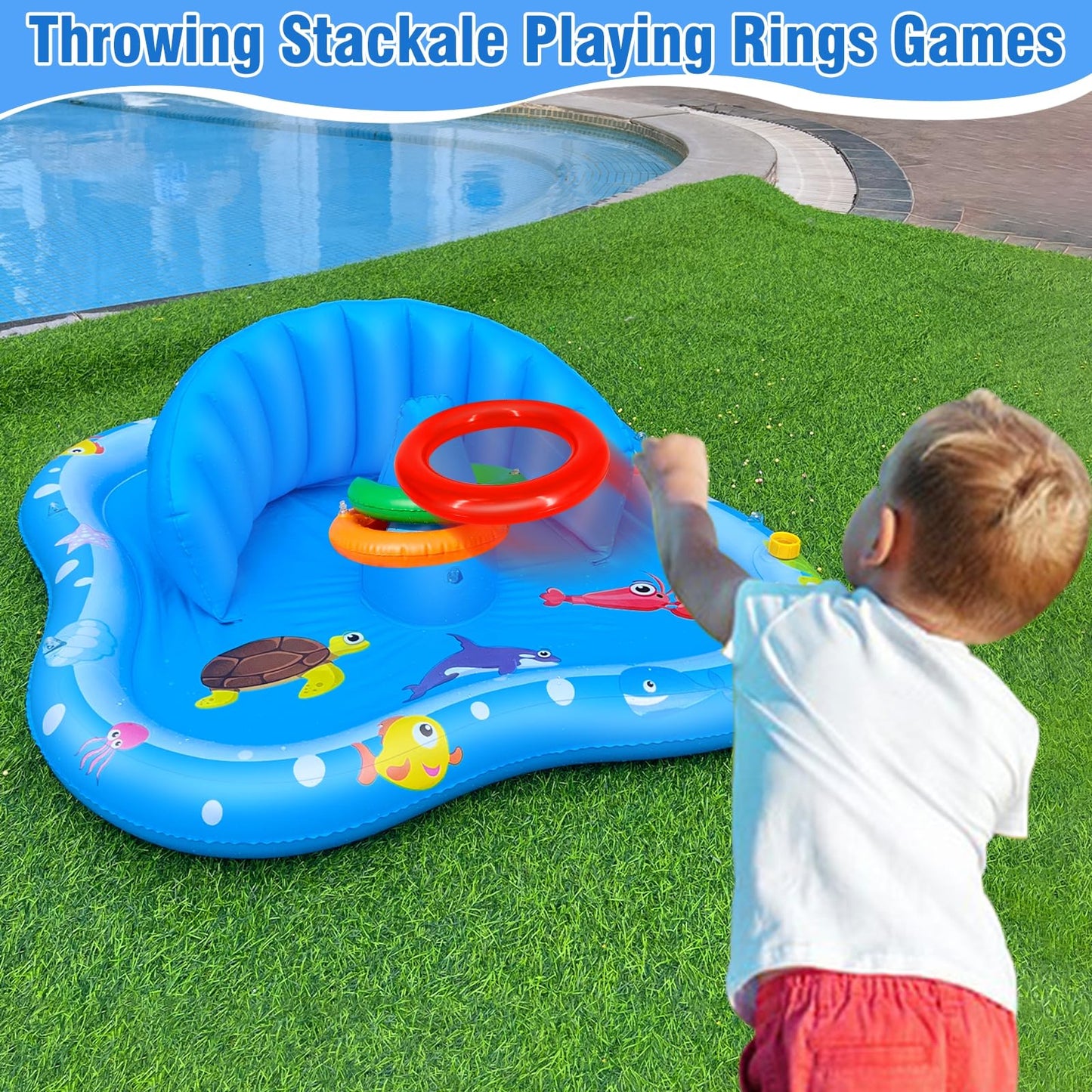 iGeeKid Baby Play Mat with Sprinkler & Canopy – Inflatable Pool Float with Backrest