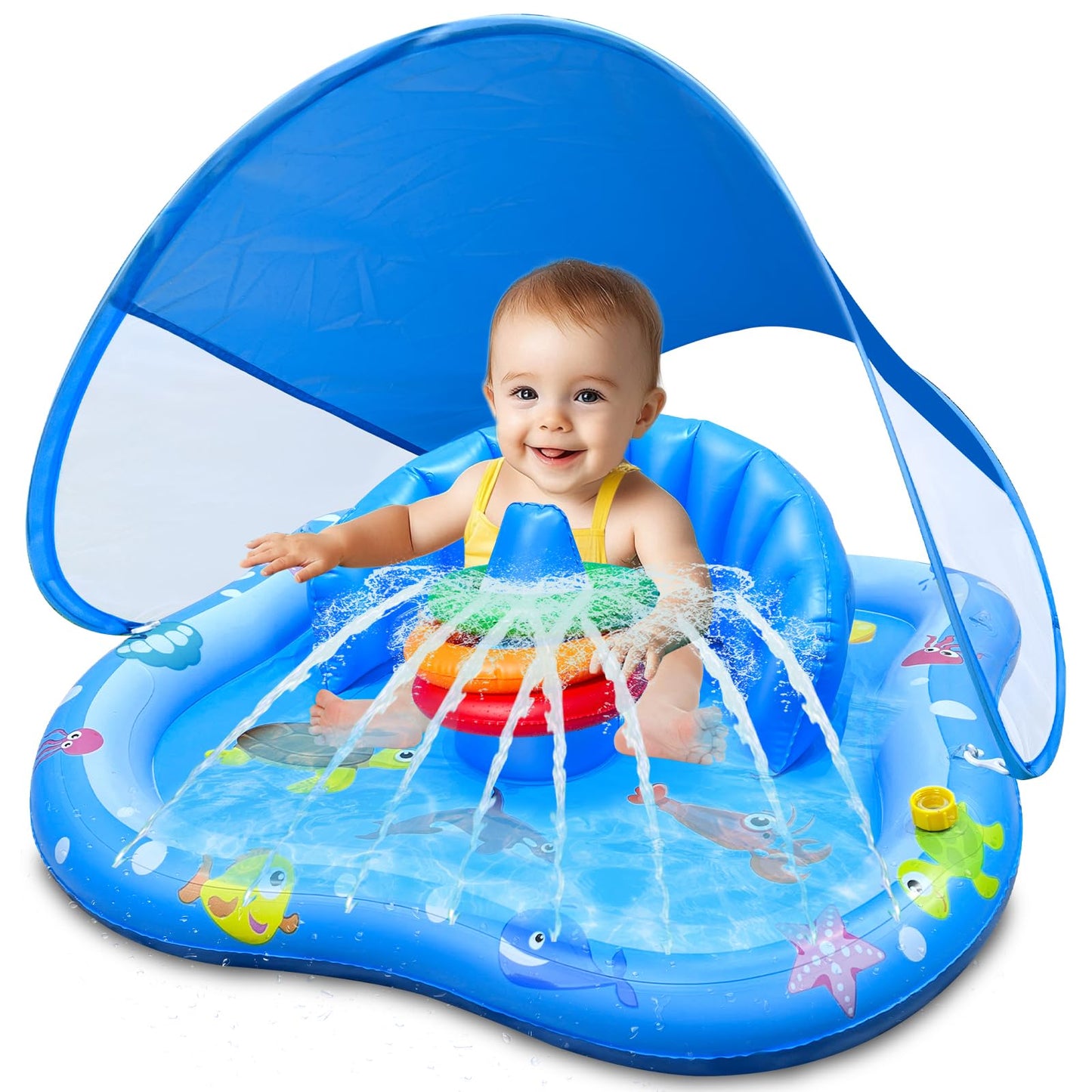 iGeeKid Baby Play Mat with Sprinkler & Canopy – Inflatable Pool Float with Backrest