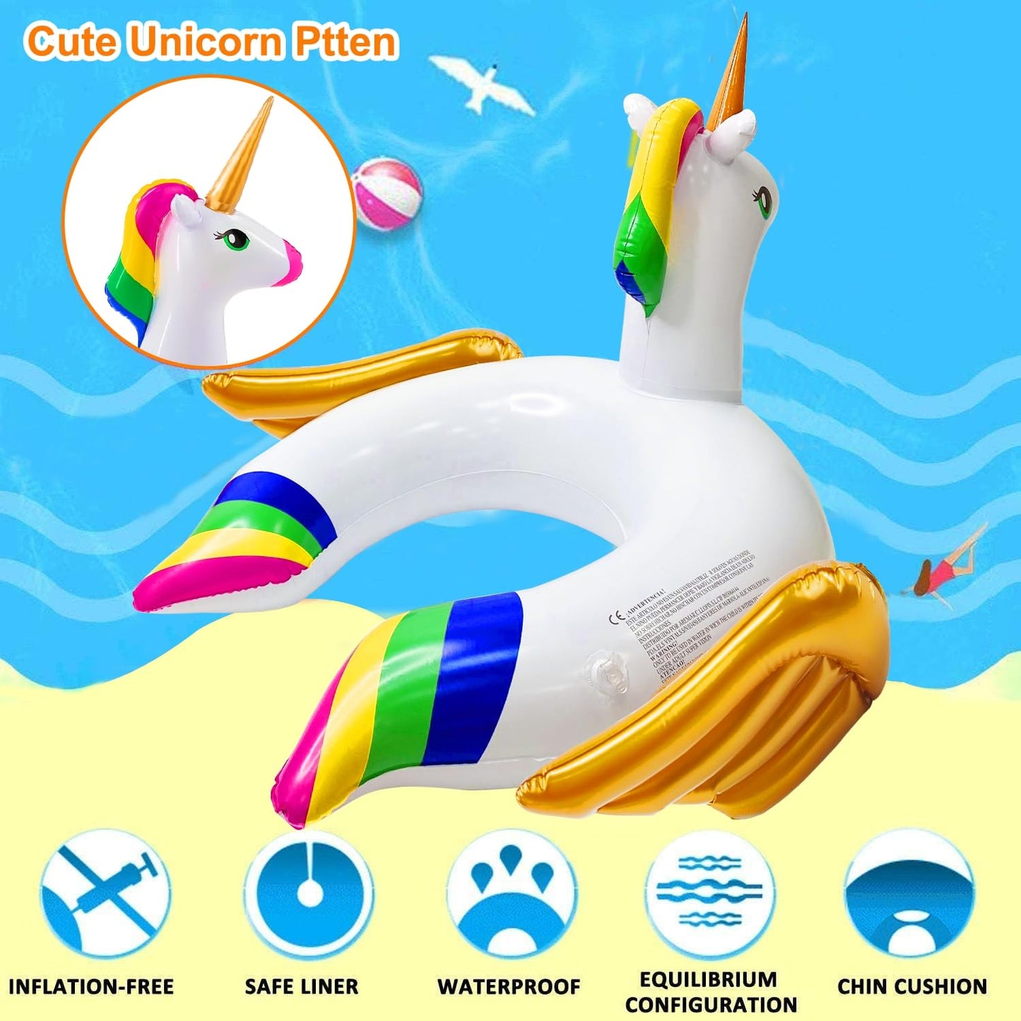 iGeeKid Unicorn Pool Float for Kids – 24.4x24.4x22 Inch Inflatable Ring