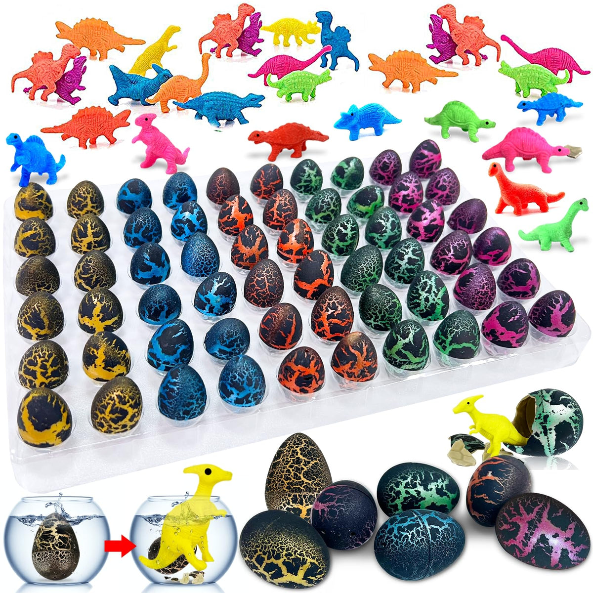 iGeeKid 60 Pcs Hatching Dinosaur Eggs — Water-Activated Toy Eggs for Easter, Parties & Classroom Prizes