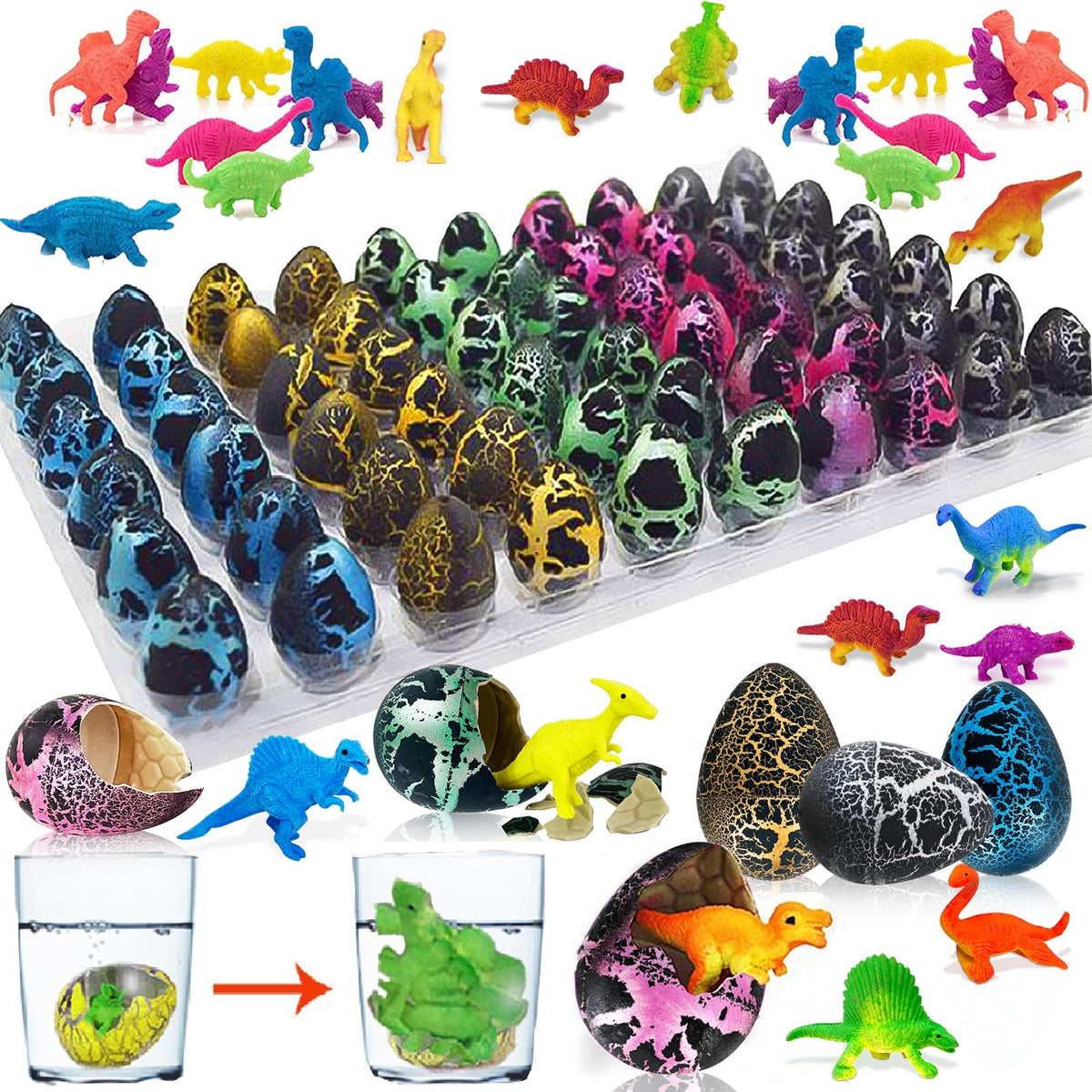 iGeeKid 60 Pcs Hatching Dinosaur Eggs — Water-Activated Toy Eggs for Easter, Parties & Classroom Prizes