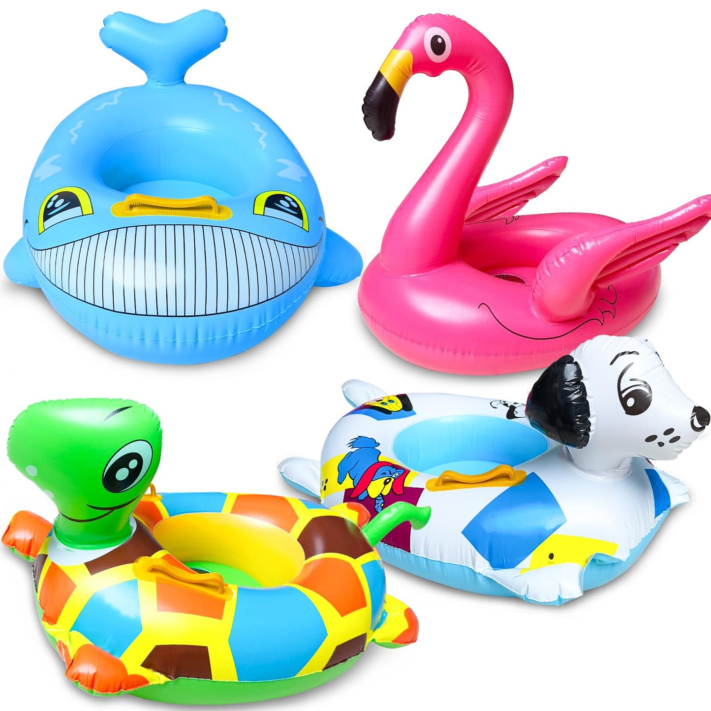 iGeeKid 4 Pack Inflatable Animal Pool Floats for Kids 3-7 – Flamingo, Turtle, Whale, Dalmatian