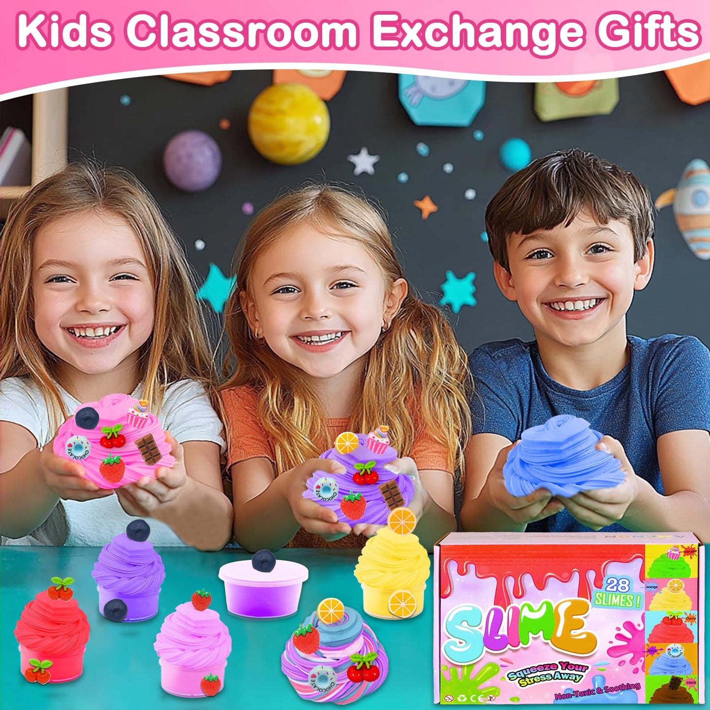 iGeeKid 28-Pack Valentines Butter Slime Cards – 7 Colors & 7 Charms