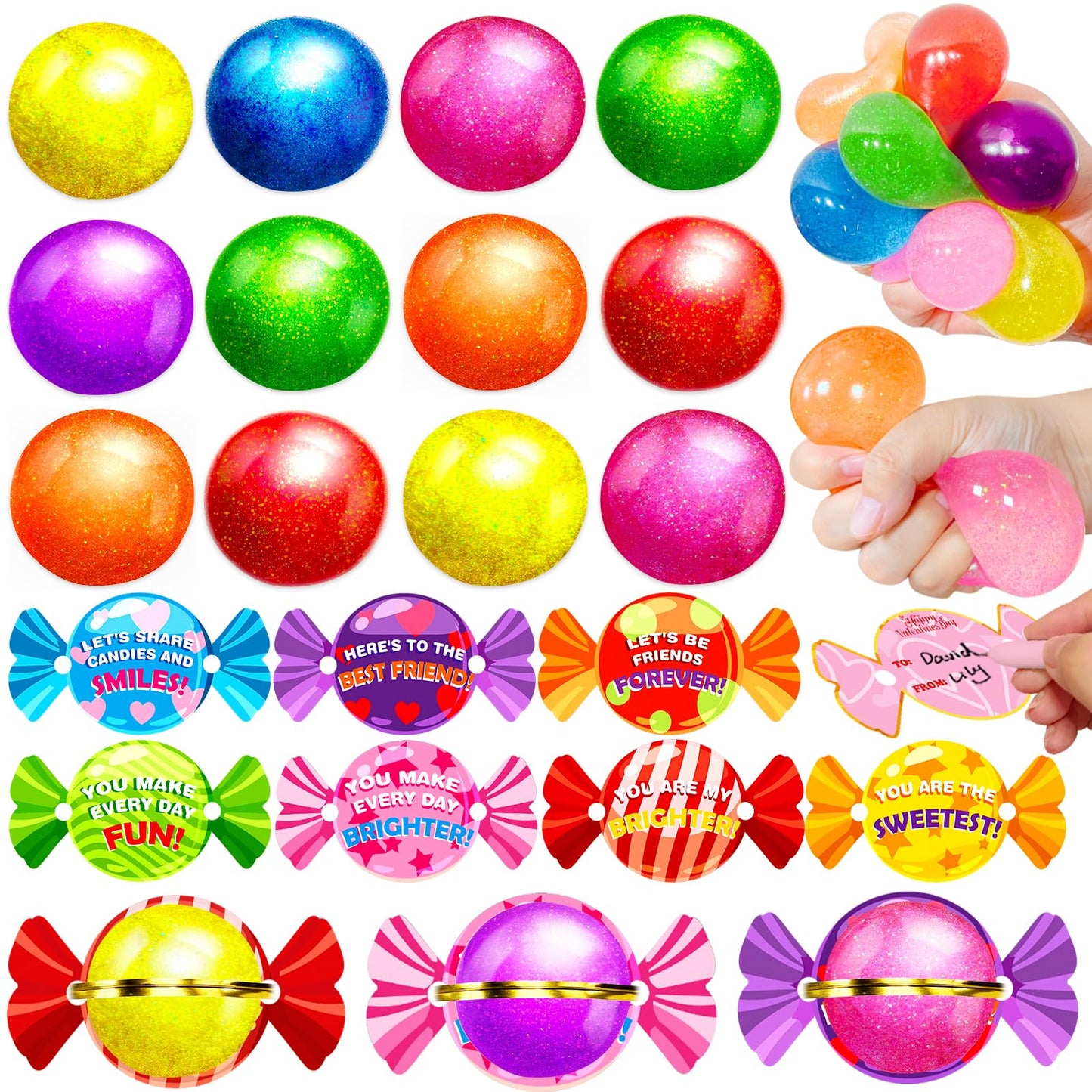 iGeeKid 28-Pack Glitter Stress Balls with Valentine Cards – Classroom Prizes & Party Favors