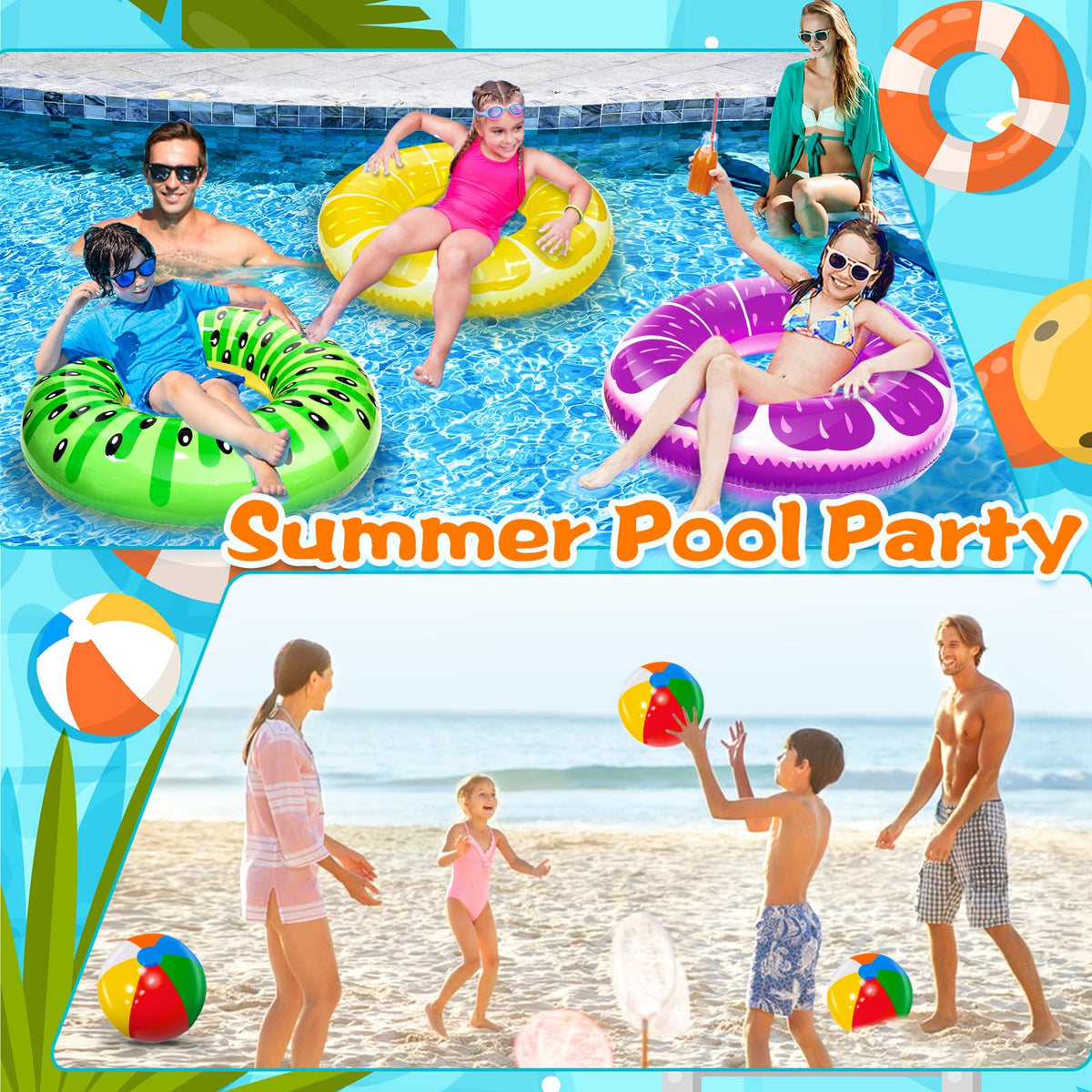 iGeeKid 6 Pack Pool Floats: Kiwi, Pineapple, Grape + Rainbow Balls