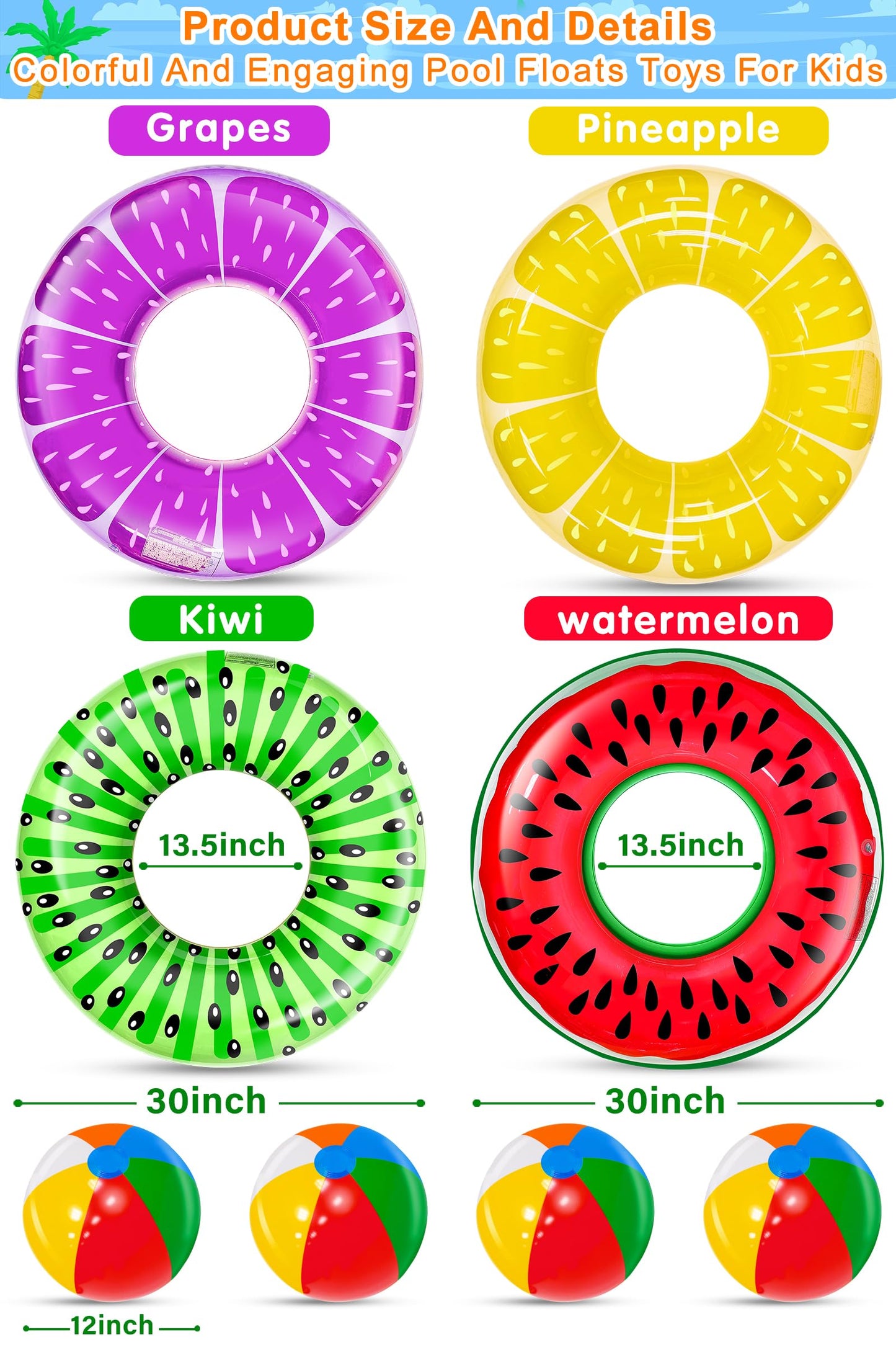 iGeeKid 8 Pack Pool Floats – Fruit Floats & Rainbow Beach Balls for Kids & Adults