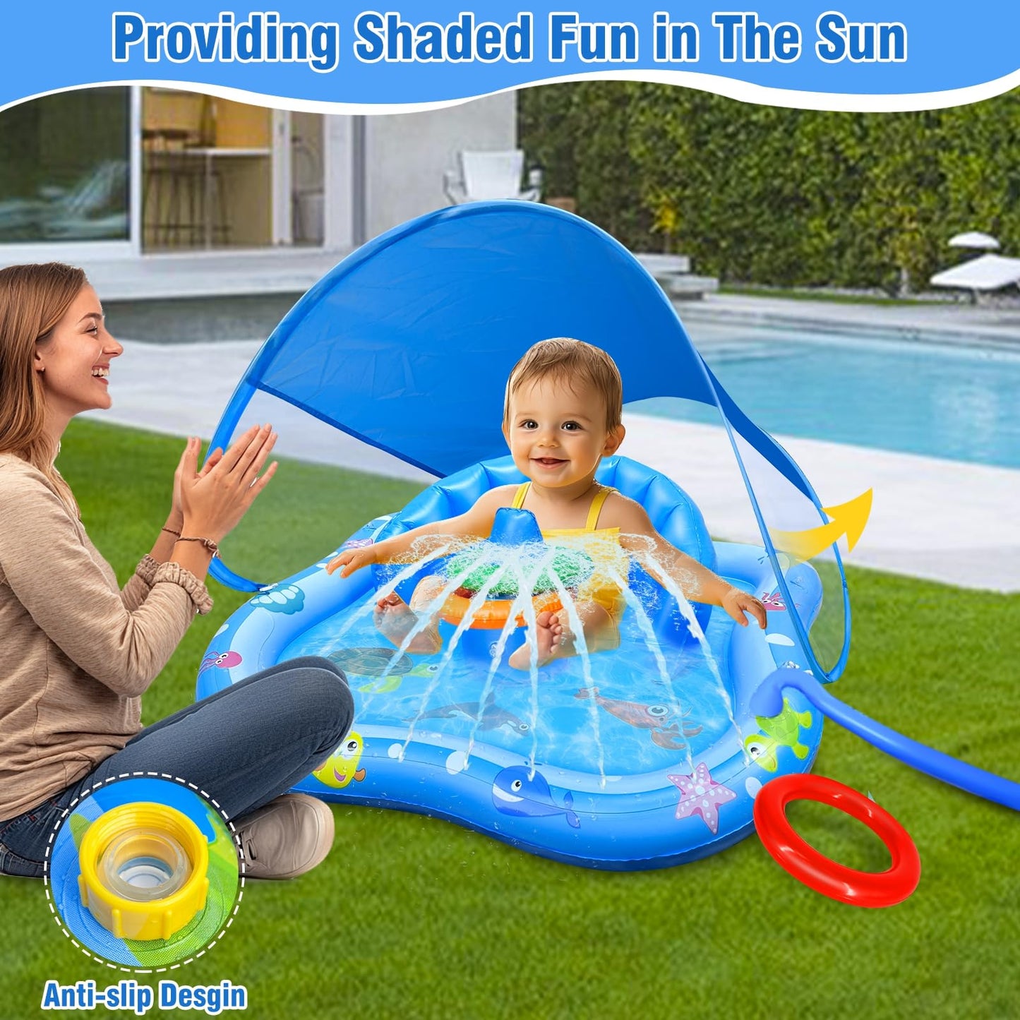 iGeeKid Baby Play Mat with Sprinkler & Canopy – Inflatable Pool Float with Backrest