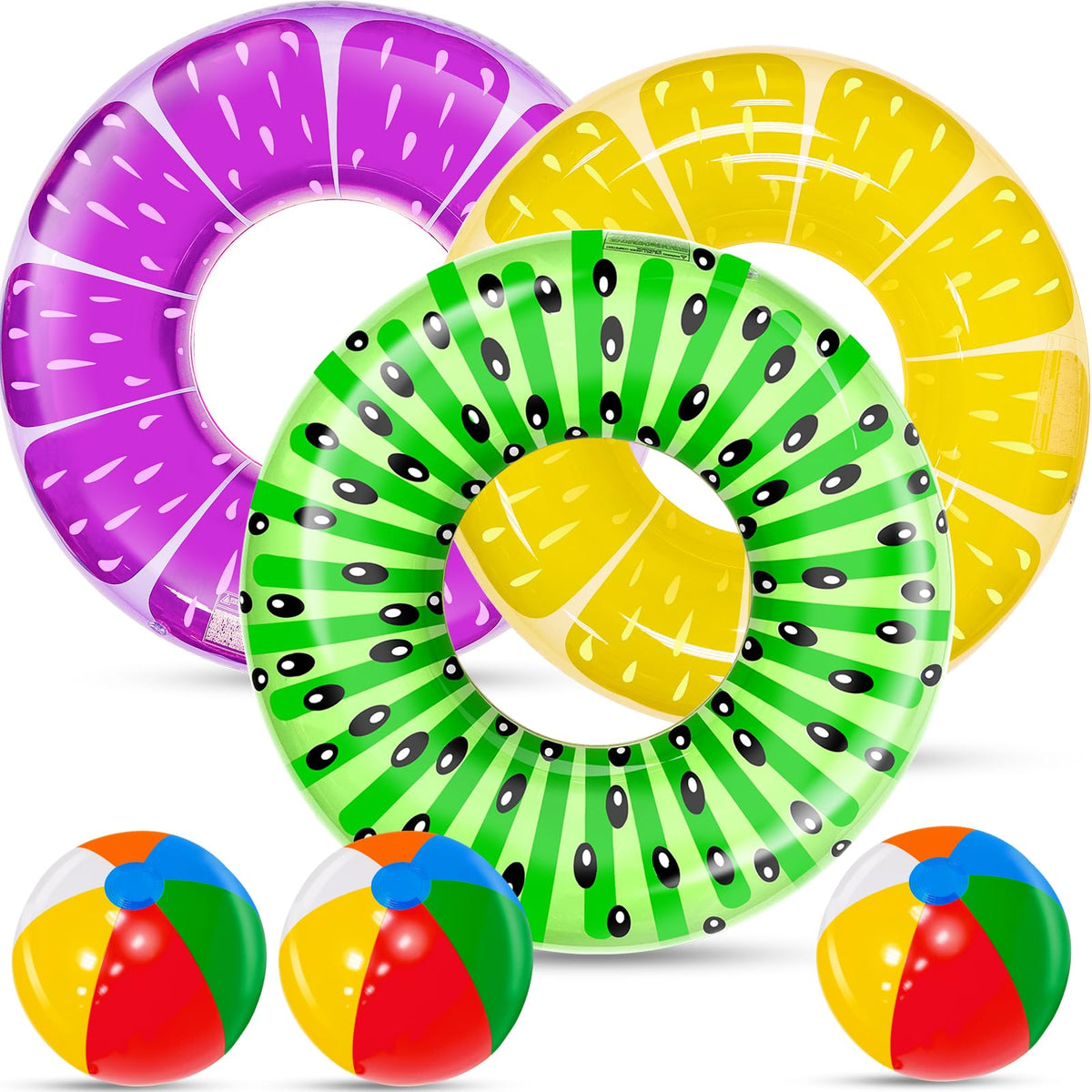 iGeeKid 6 Pack Pool Floats: Kiwi, Pineapple, Grape + Rainbow Balls