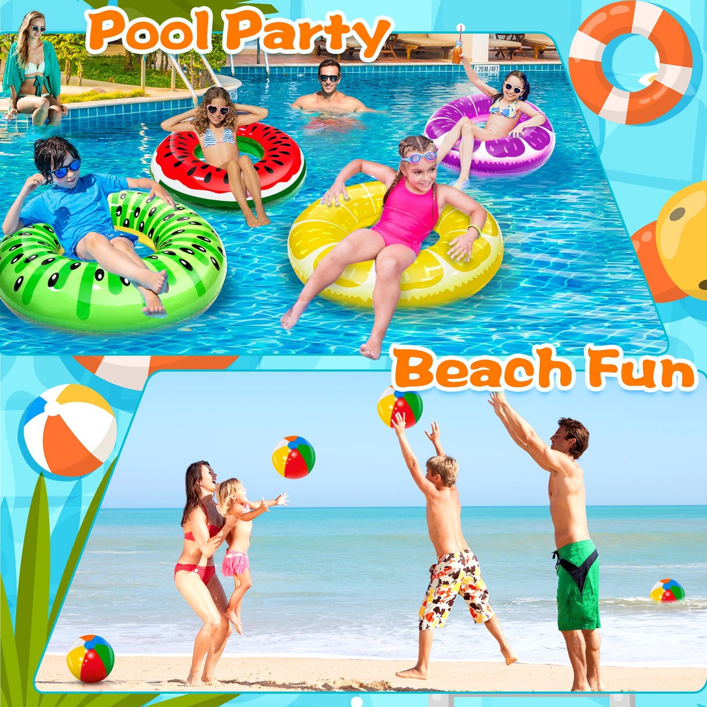 iGeeKid 8 Pack Pool Floats – Fruit Floats & Rainbow Beach Balls for Kids & Adults