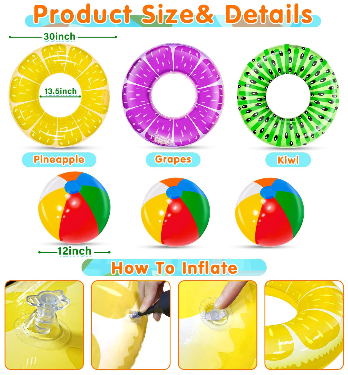 iGeeKid 6 Pack Pool Floats: Kiwi, Pineapple, Grape + Rainbow Balls