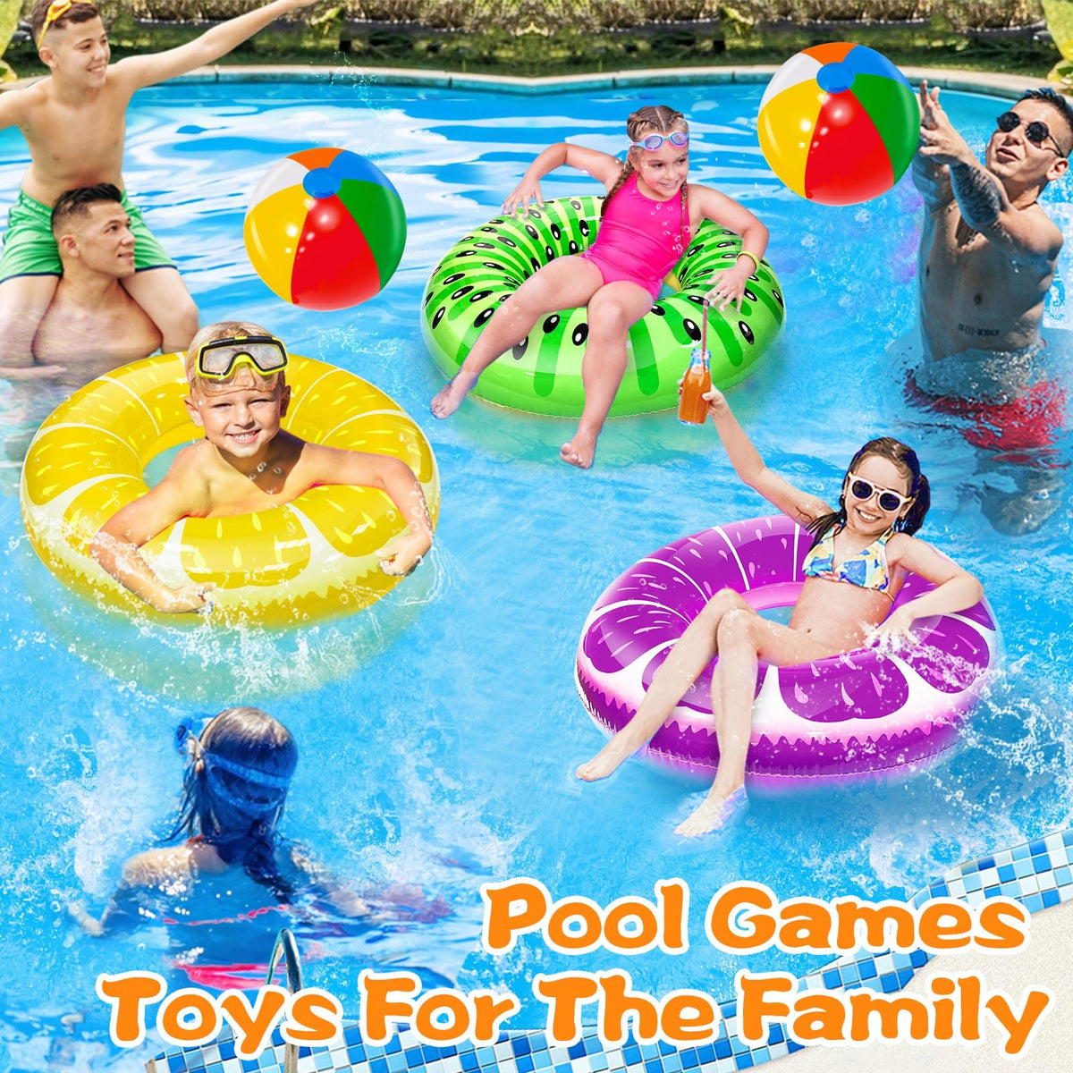 iGeeKid 6 Pack Pool Floats: Kiwi, Pineapple, Grape + Rainbow Balls