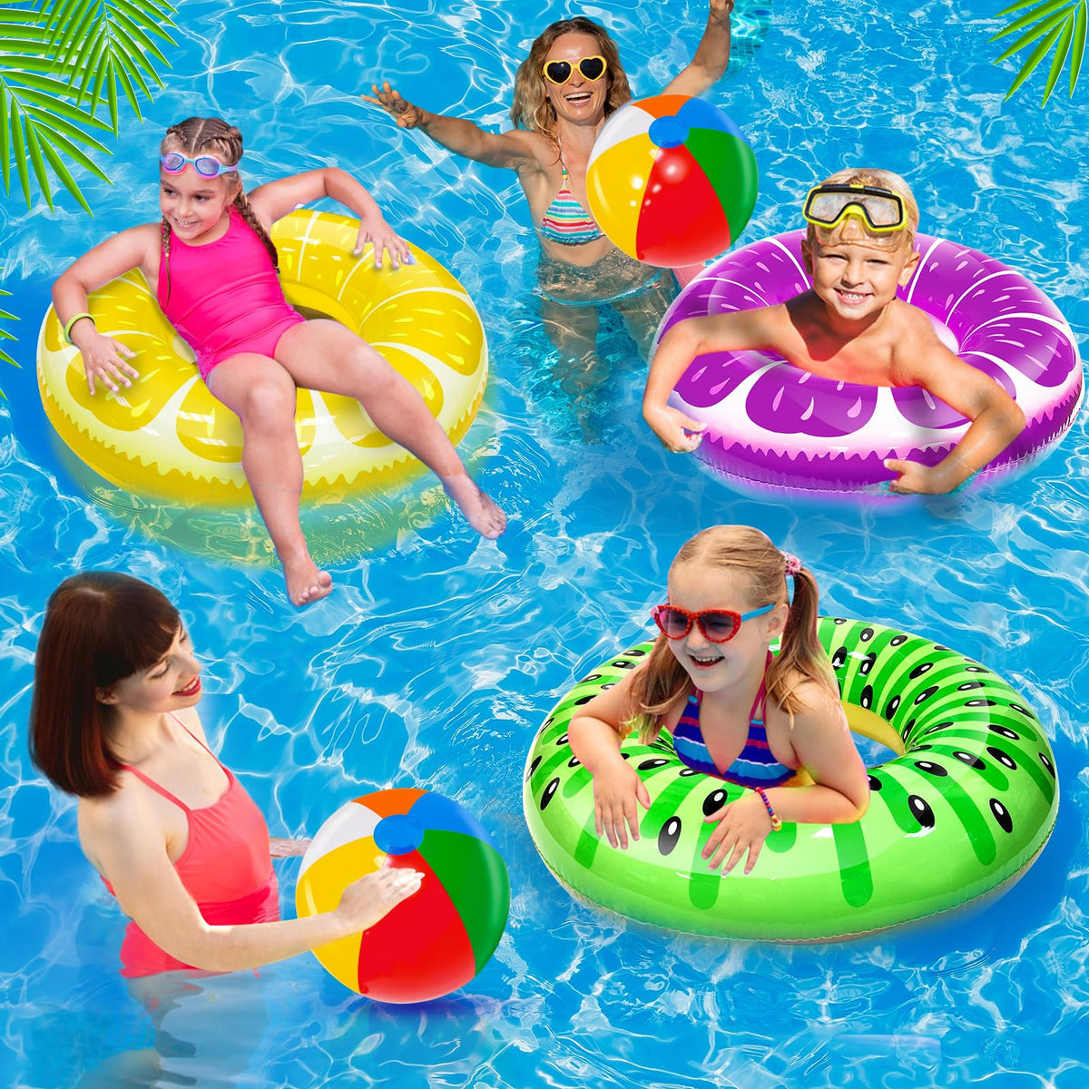 iGeeKid 6 Pack Pool Floats: Kiwi, Pineapple, Grape + Rainbow Balls