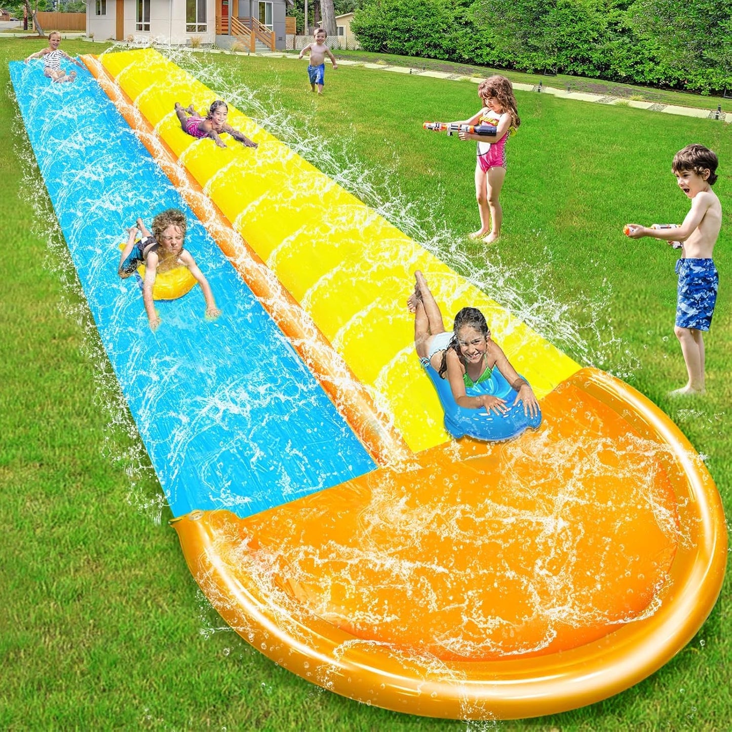 iGeeKid 30 Ft Extra Long Slip Water Slide with Sprinkler – Double Lane Backyard Water Toy