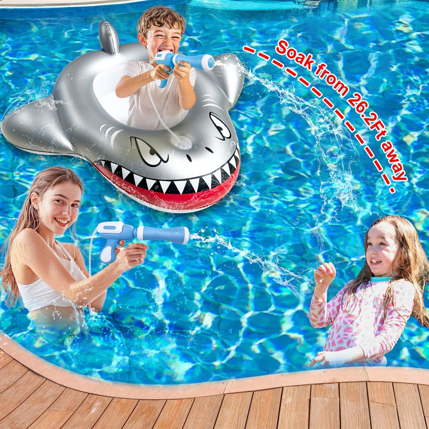 iGeeKid 2 Pack Inflatable Shark Pool Floats with Water Guns – Kids 3-11