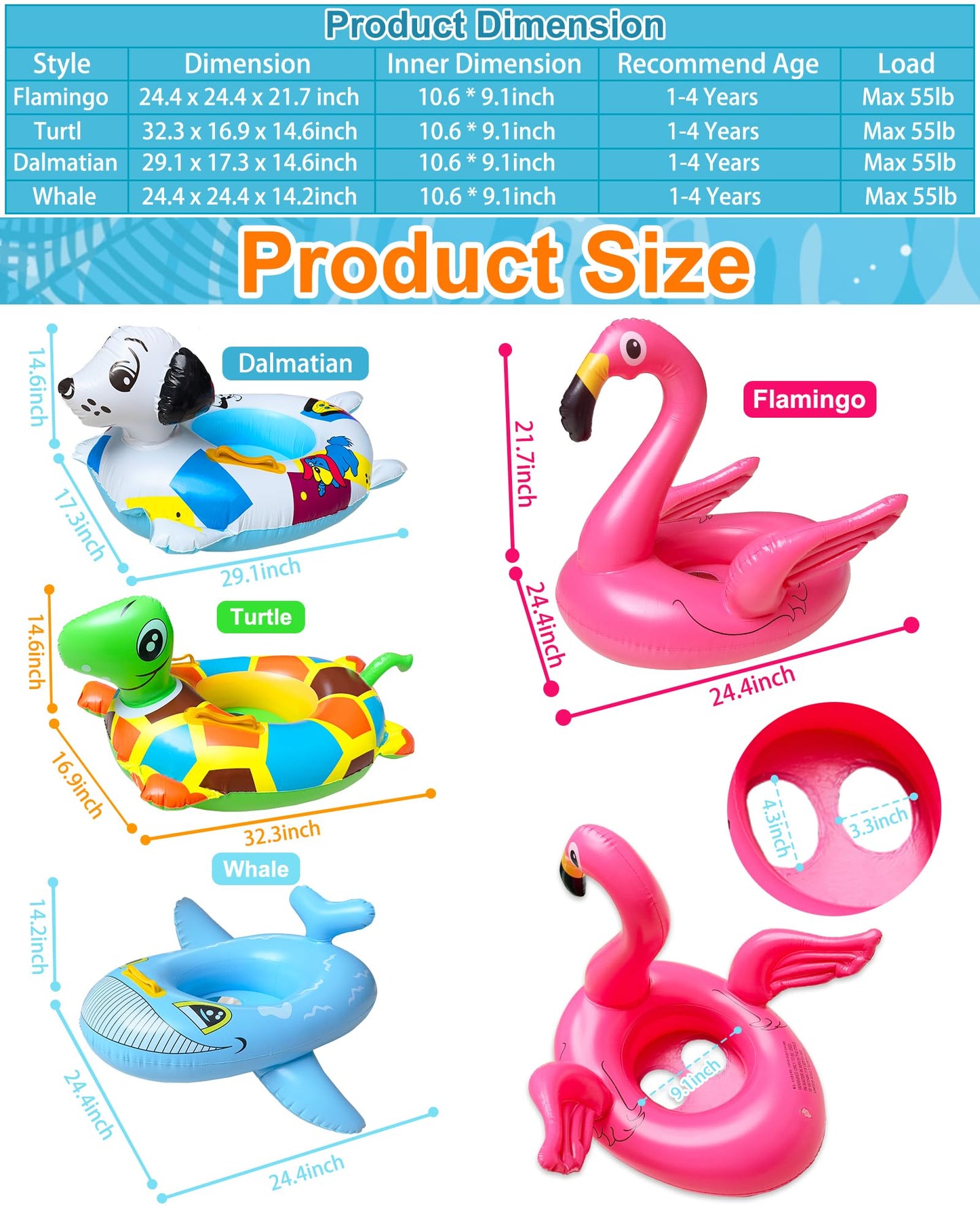 iGeeKid 4 Pack Inflatable Animal Pool Floats for Kids 3-7 – Flamingo, Turtle, Whale, Dalmatian