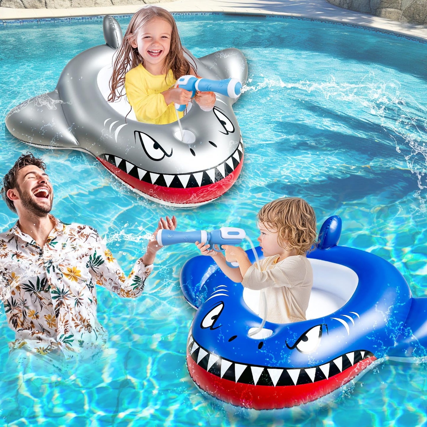 iGeeKid 2 Pack Inflatable Shark Pool Floats with Water Guns – Kids 3-11