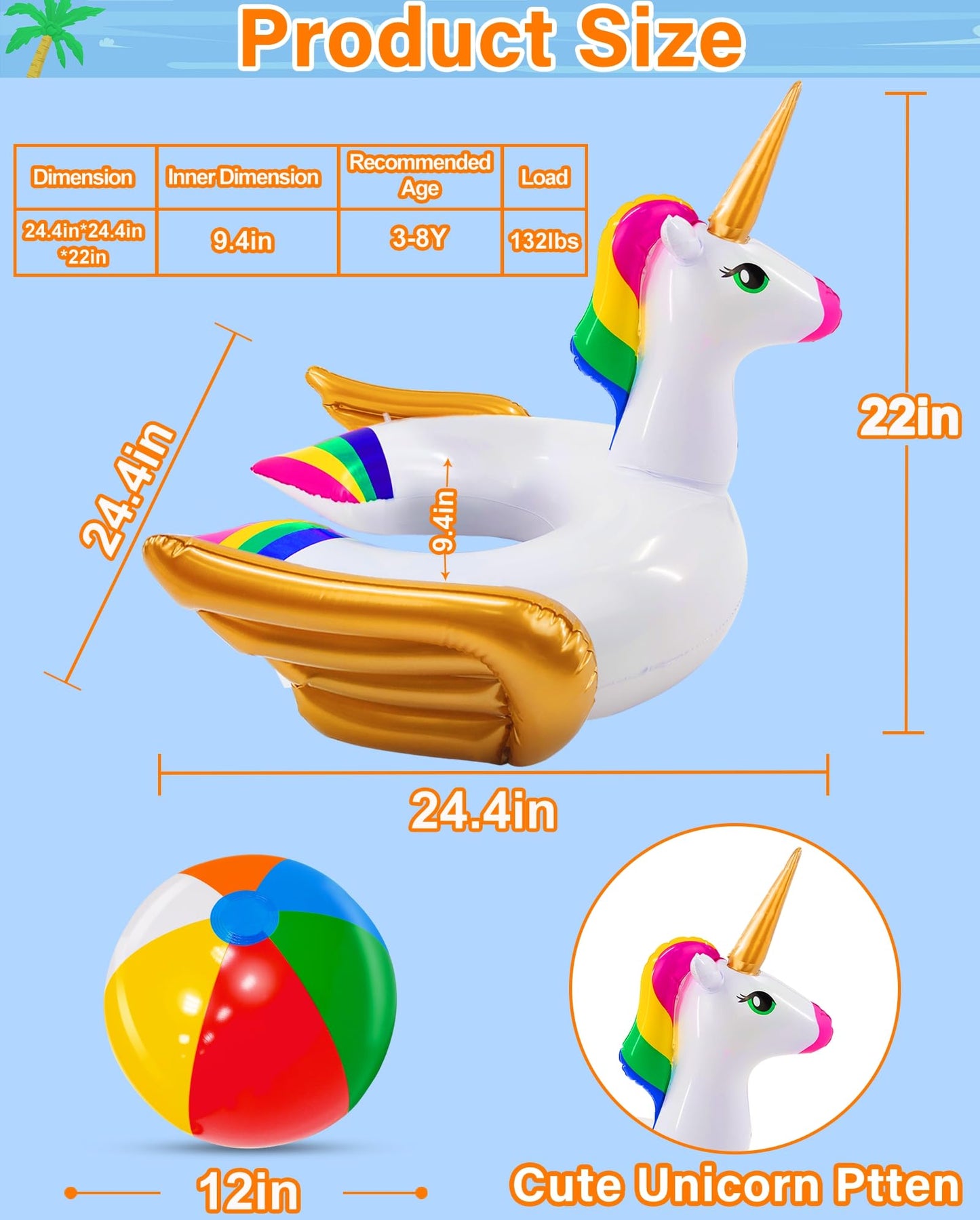 iGeeKid Unicorn Pool Float for Kids – 24.4x24.4x22 Inch Inflatable Ring