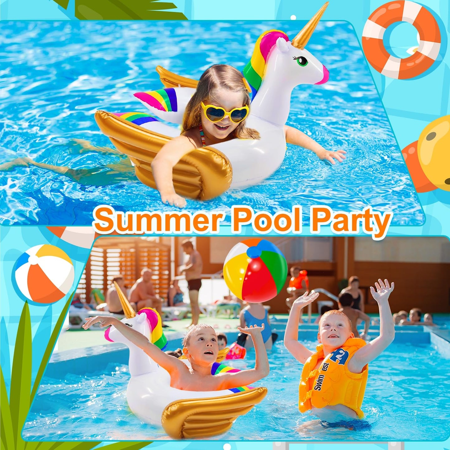 iGeeKid Unicorn Pool Float for Kids – 24.4x24.4x22 Inch Inflatable Ring