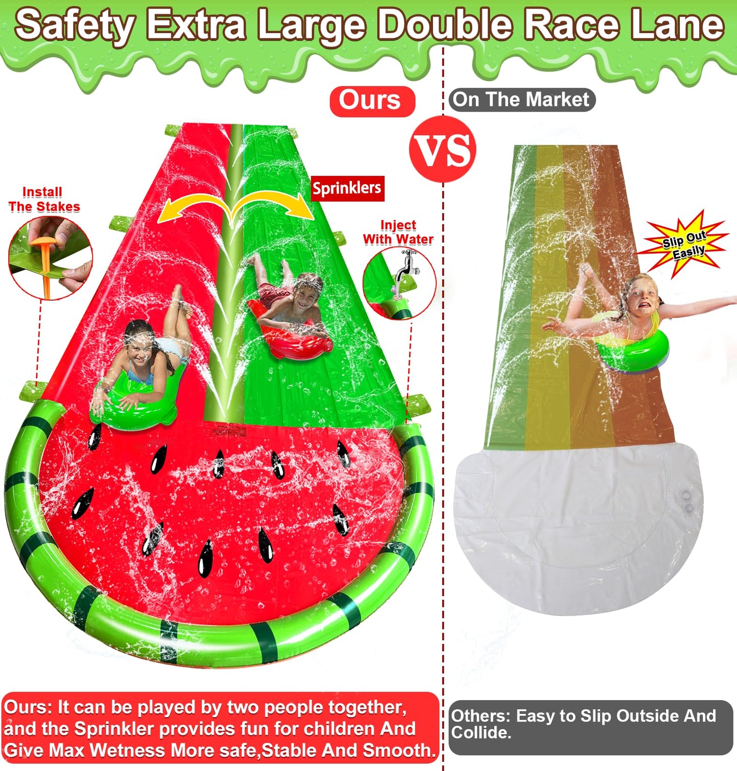 iGeeKid Watermelon Lawn Water Slide – 20x5.6 ft, 3-Sided Safe Fence + 2 Bodyboards