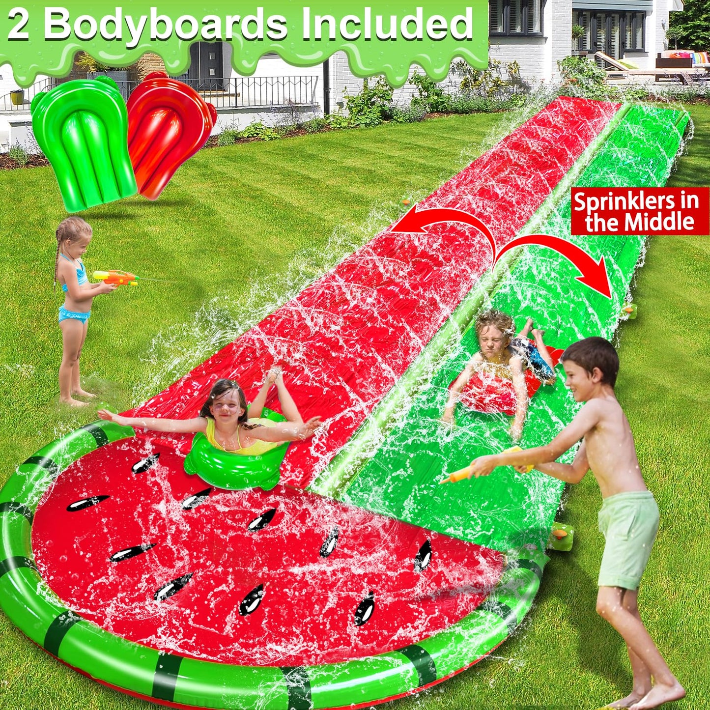 iGeeKid Watermelon Lawn Water Slide – 20x5.6 ft, 3-Sided Safe Fence + 2 Bodyboards