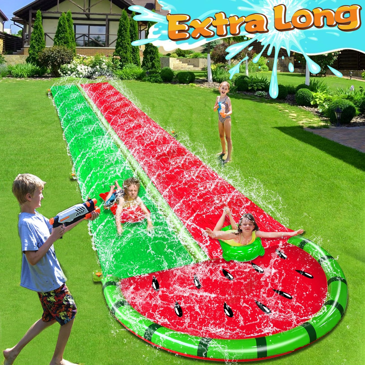 iGeeKid Watermelon Lawn Water Slide – 20x5.6 ft, 3-Sided Safe Fence + 2 Bodyboards