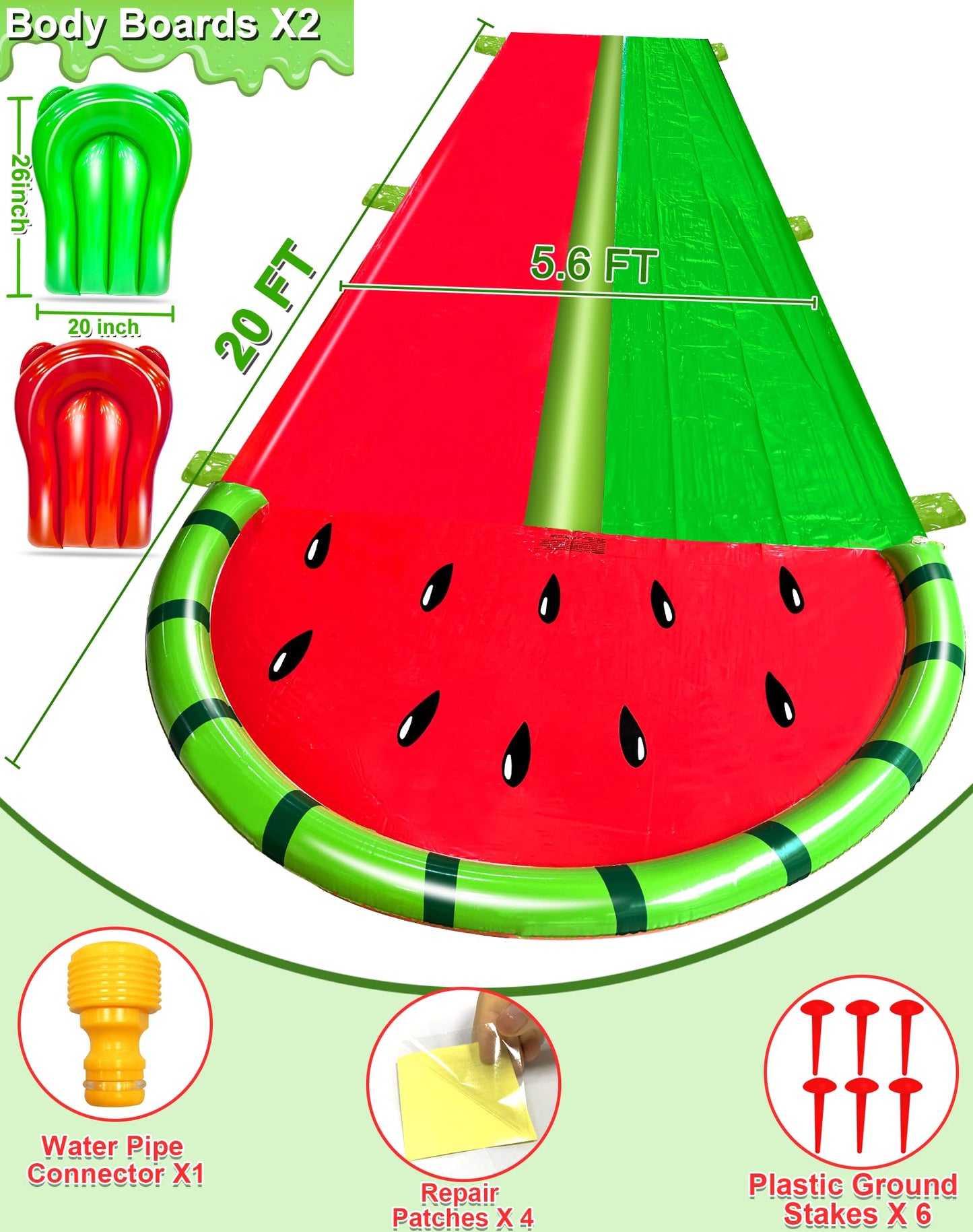 iGeeKid Watermelon Lawn Water Slide – 20x5.6 ft, 3-Sided Safe Fence + 2 Bodyboards