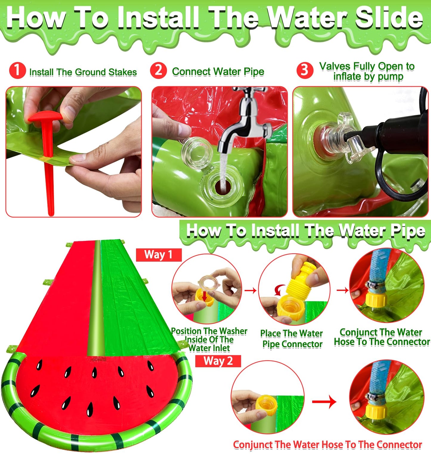 iGeeKid Watermelon Lawn Water Slide – 20x5.6 ft, 3-Sided Safe Fence + 2 Bodyboards