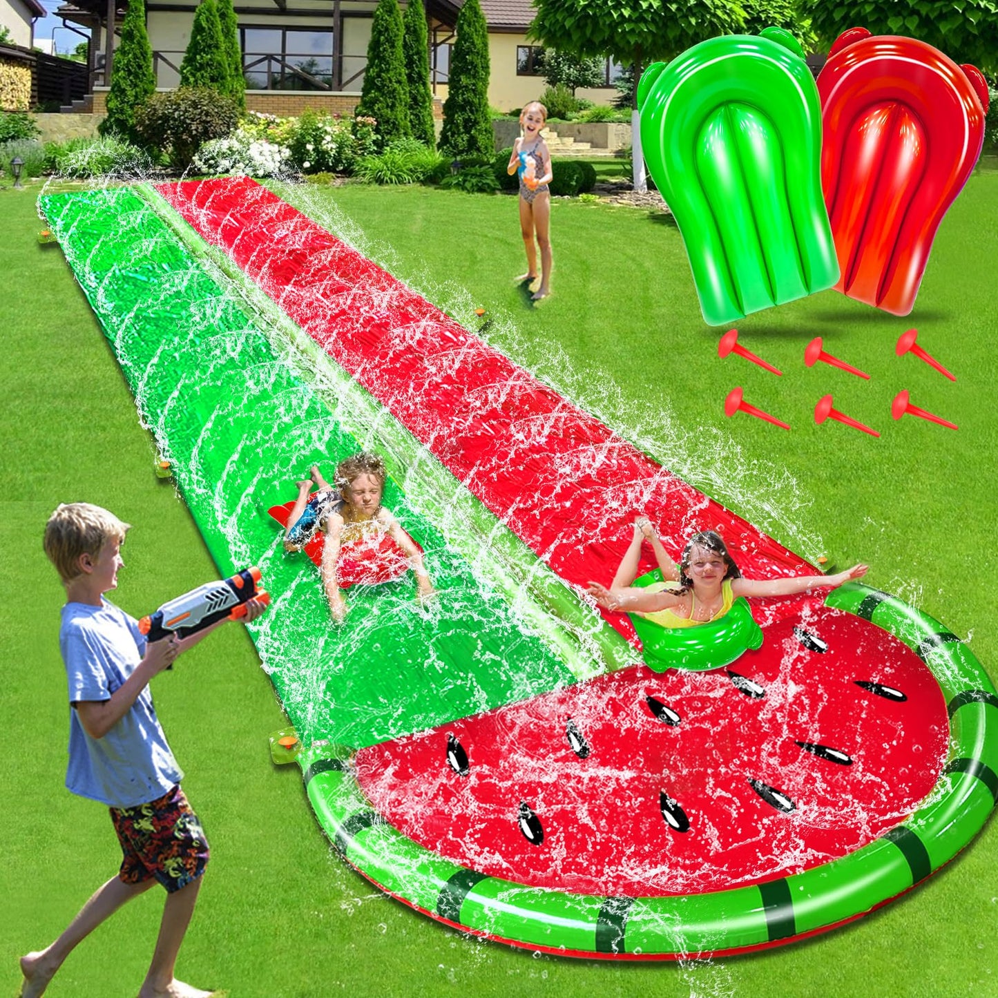 iGeeKid Watermelon Lawn Water Slide – 20x5.6 ft, 3-Sided Safe Fence + 2 Bodyboards