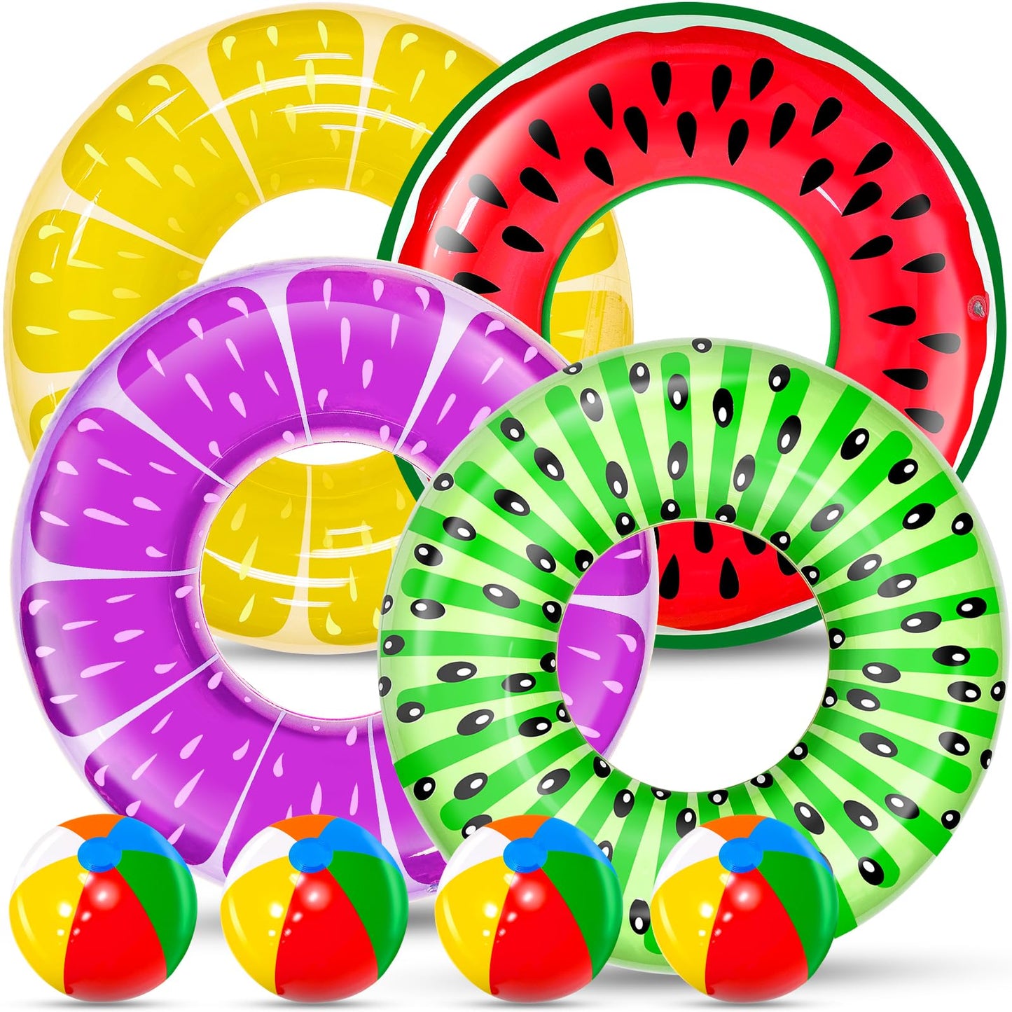 iGeeKid 8 Pack Pool Floats – Fruit Floats & Rainbow Beach Balls for Kids & Adults