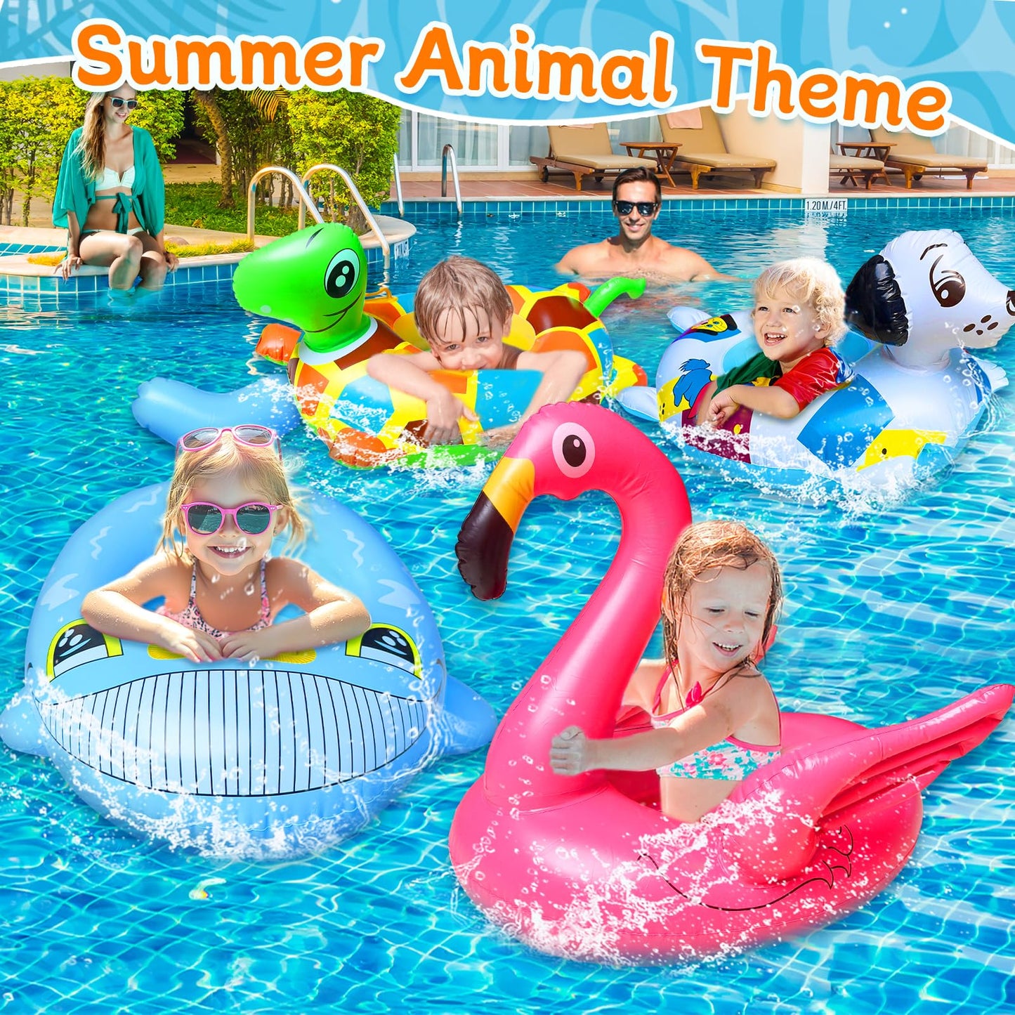 iGeeKid 4 Pack Inflatable Animal Pool Floats for Kids 3-7 – Flamingo, Turtle, Whale, Dalmatian