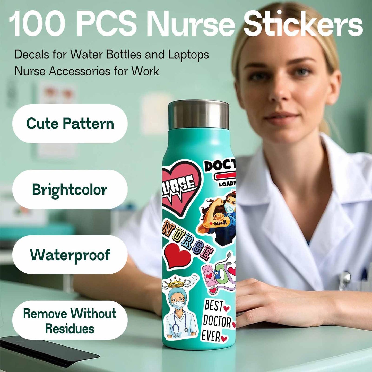 iGetooy 100 PCS Nurse Stickers – Vinyl Nurse Stickers for Laptop, Phone & Water Bottles