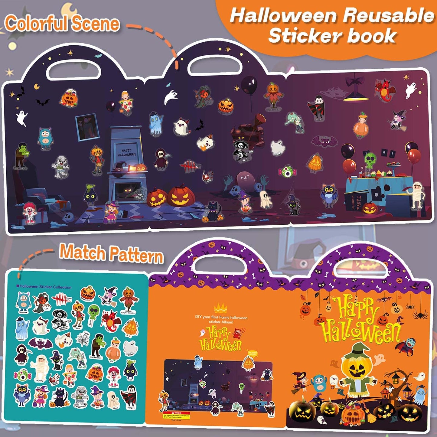 iGetooy Halloween Reusable Sticker Book for Toddlers 3+ | Halloween Stickers