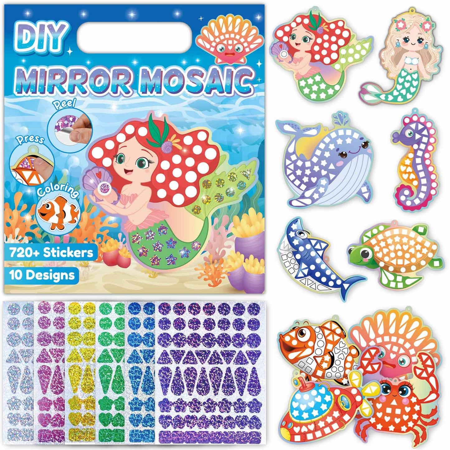 iGetooy 10 Sets DIY Mosaic Stickers for Kids | Mermaid Art Craft Kit, 720+ Foil Stickers