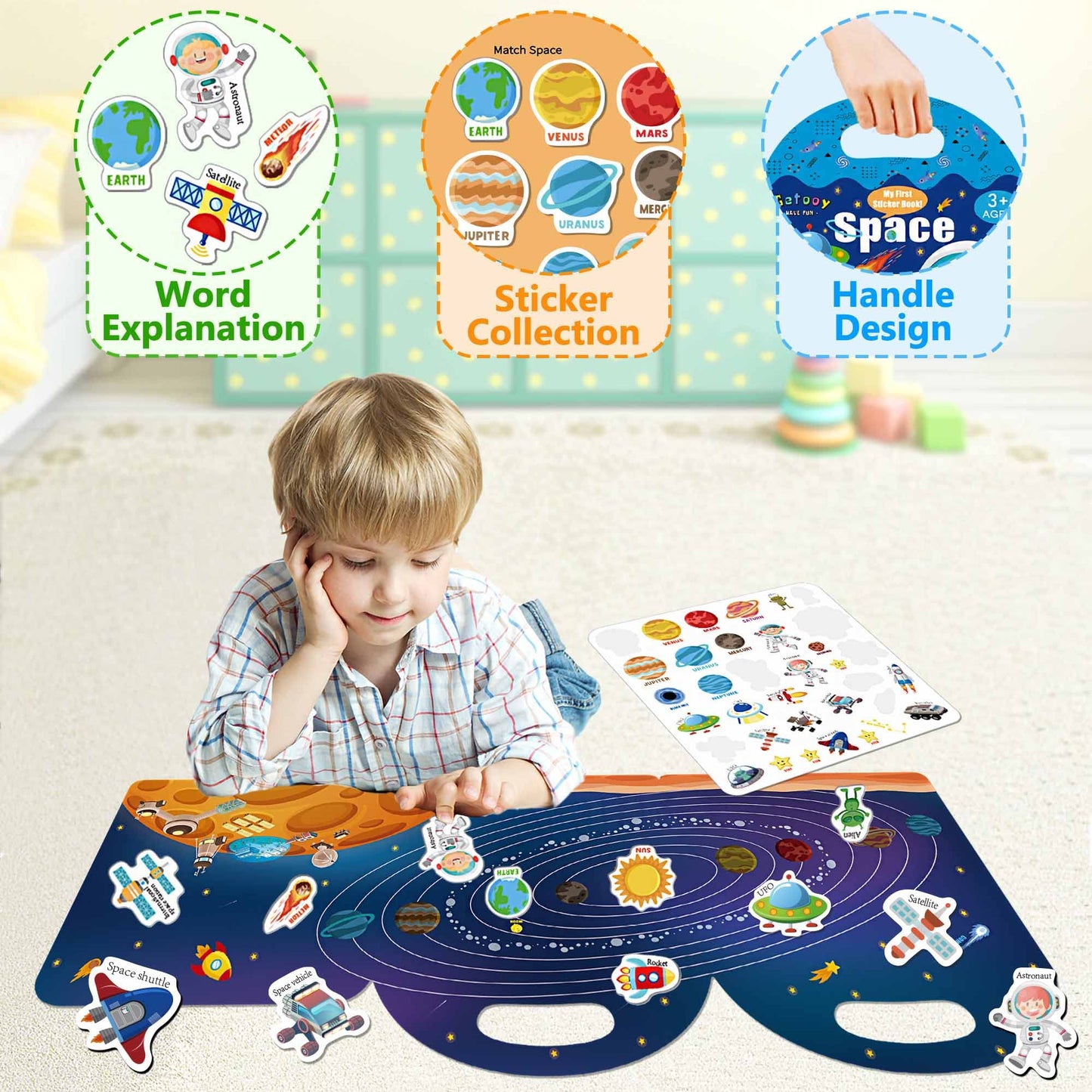 iGetooy Reusable Jelly Sticker Book for Kids — Space Quiet Book & Travel Activity