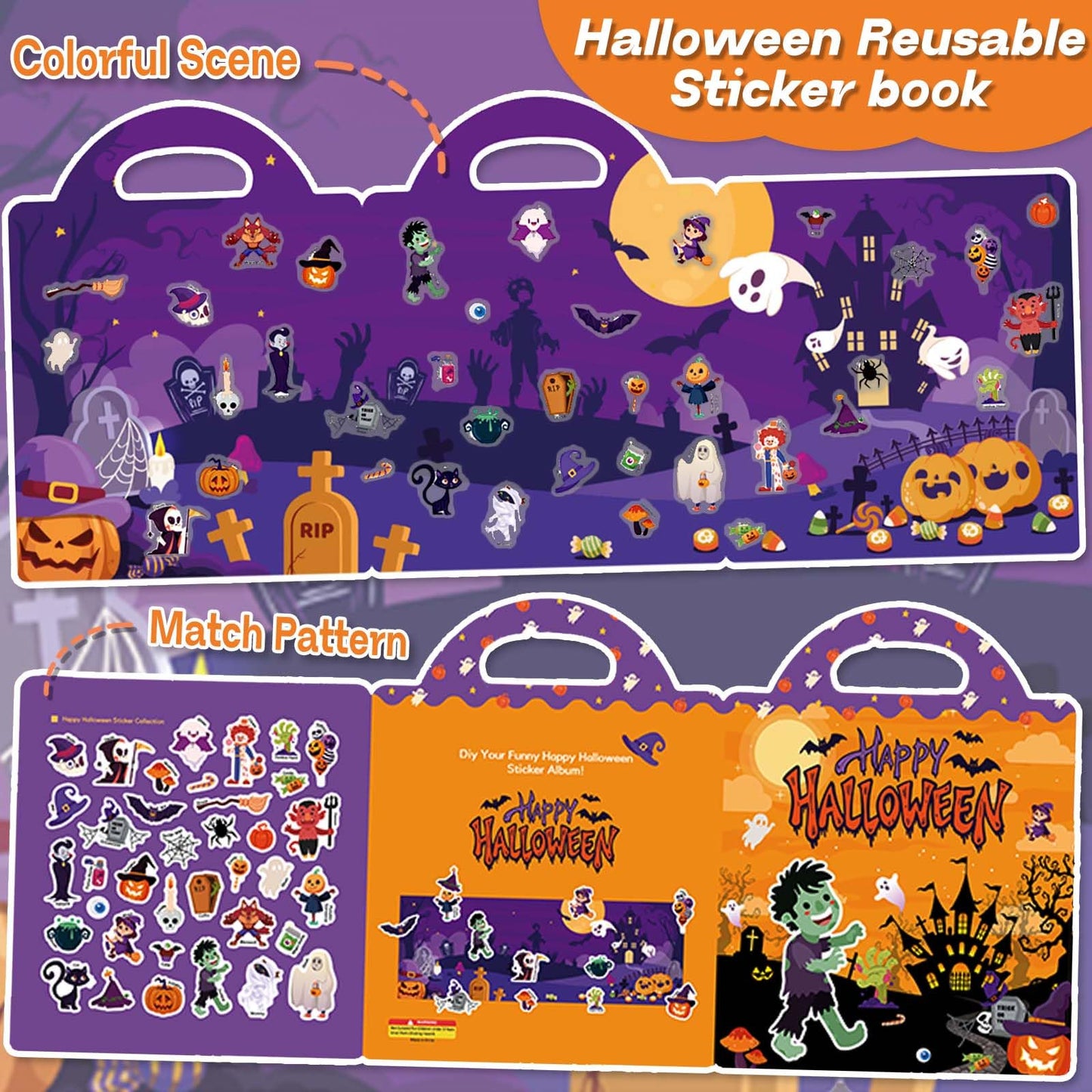 iGetooy 2 Set Halloween Reusable Sticker Books for Toddlers 3+ | Halloween Stickers for Kids