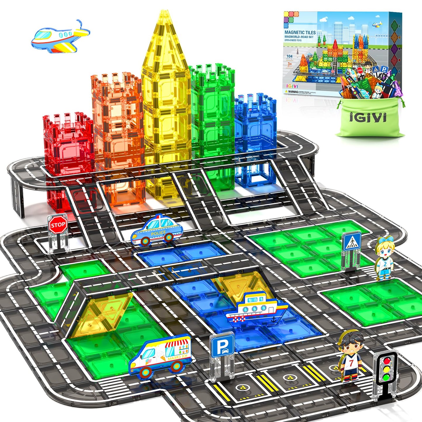 IGIVI 104 PCS Magnetic Tiles Road Set – STEM Construction Toys for Ages 3-8