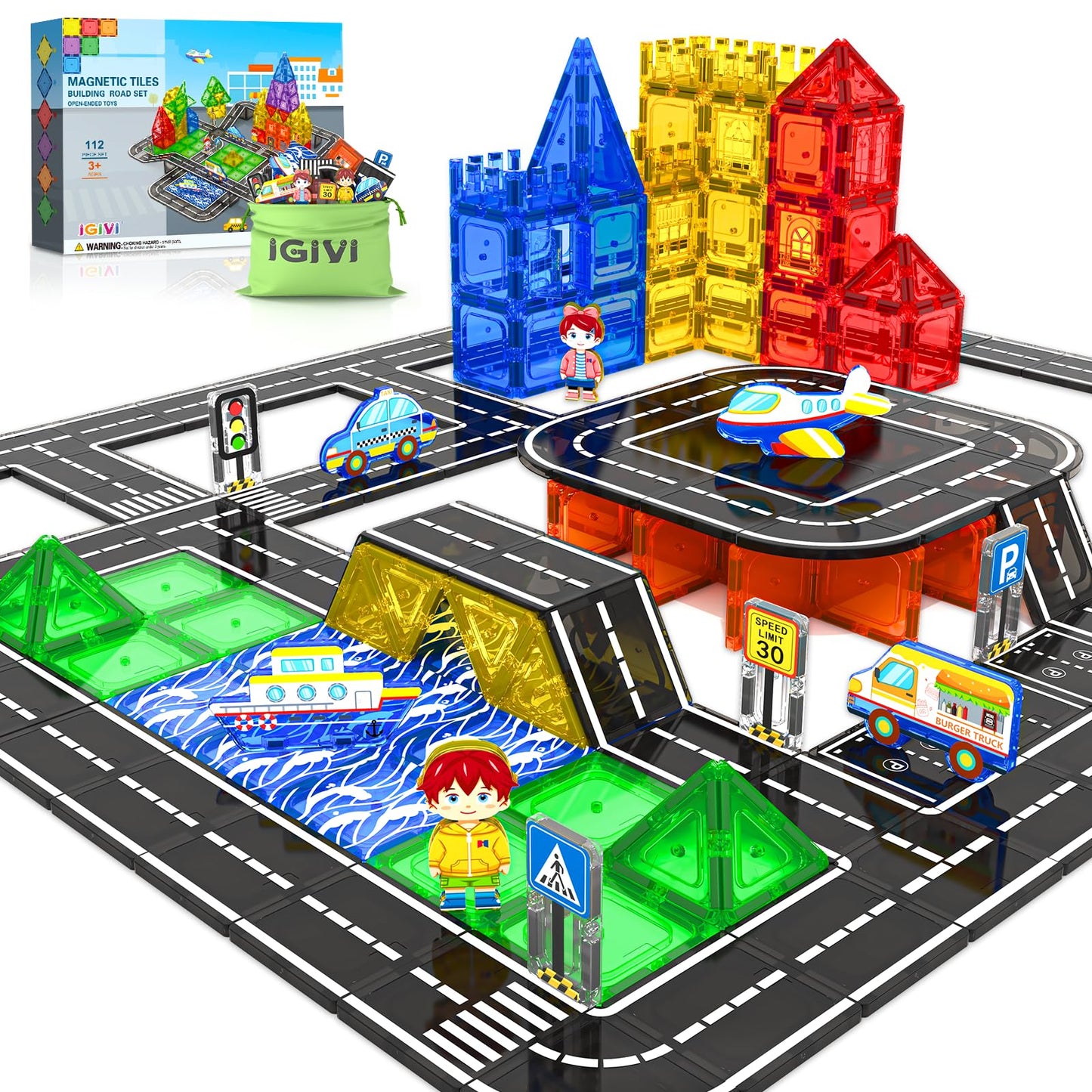 IGIVI 112PCS Magnetic Tiles Road Set — Vibrant Colors & Ultra Magnet Strength for 3+ Kids