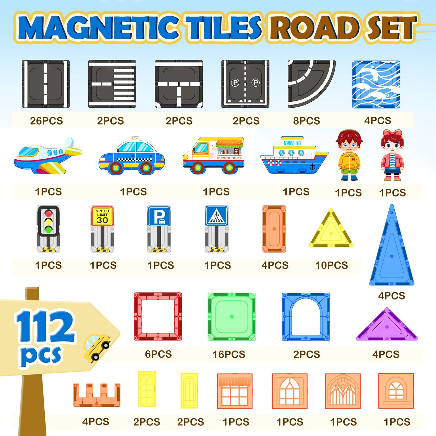 IGIVI 112PCS Magnetic Tiles Road Set — Vibrant Colors & Ultra Magnet Strength for 3+ Kids