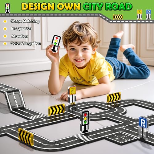 IGIVI Magnetic Tiles Road Set – STEM Building Blocks for Kids Aged 3-5 | Creative Road Toys