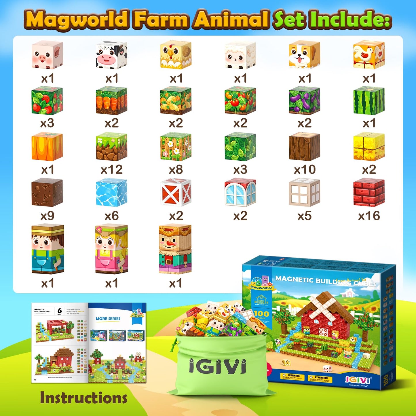 IGIVI 1in Magnetic Blocks – Farm Animals Set, 100PCS | Colorful STEM Toy for Kids 3+