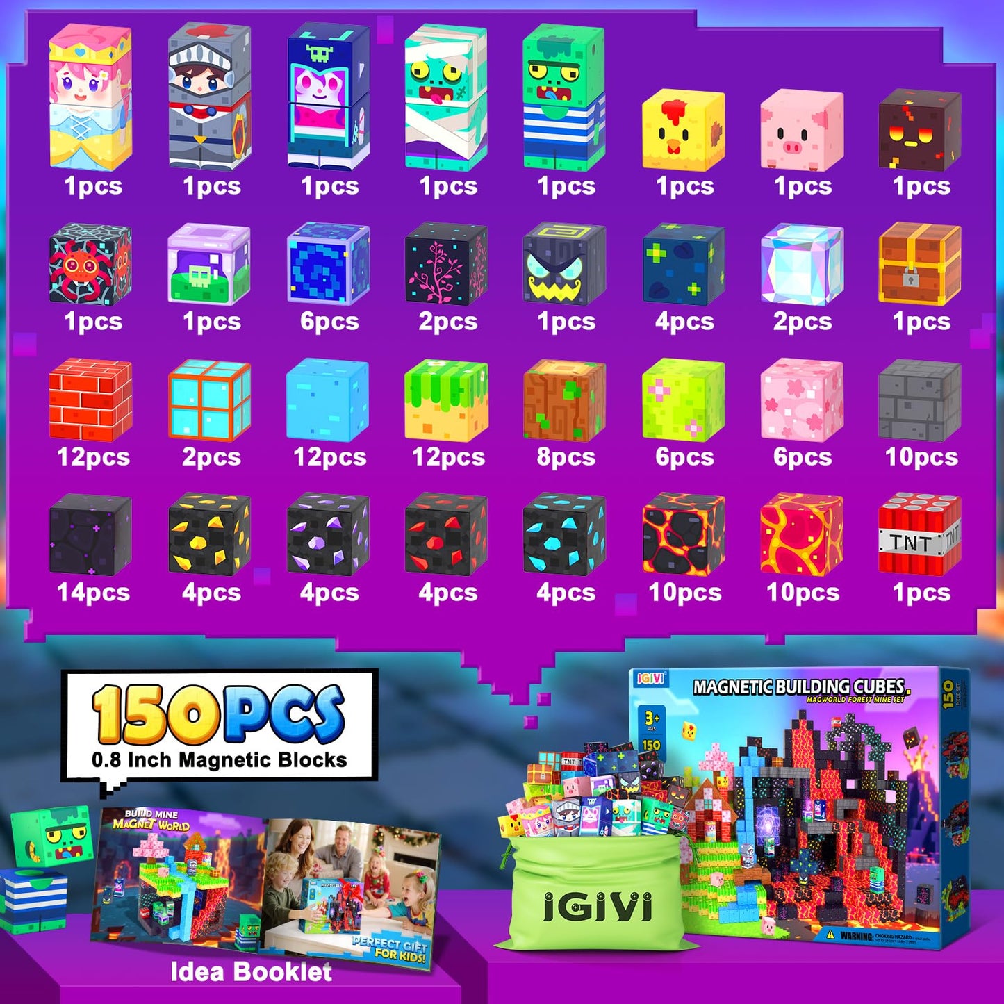 IGIVI 150PCS Magnetic Blocks - Build Mine World Set | STEM Building Toys for Kids