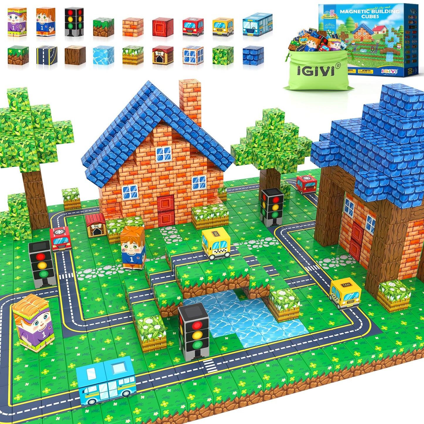 IGIVI 100Pcs Magnetic Blocks Road Set – STEM Road Building Toys for Kids 3+